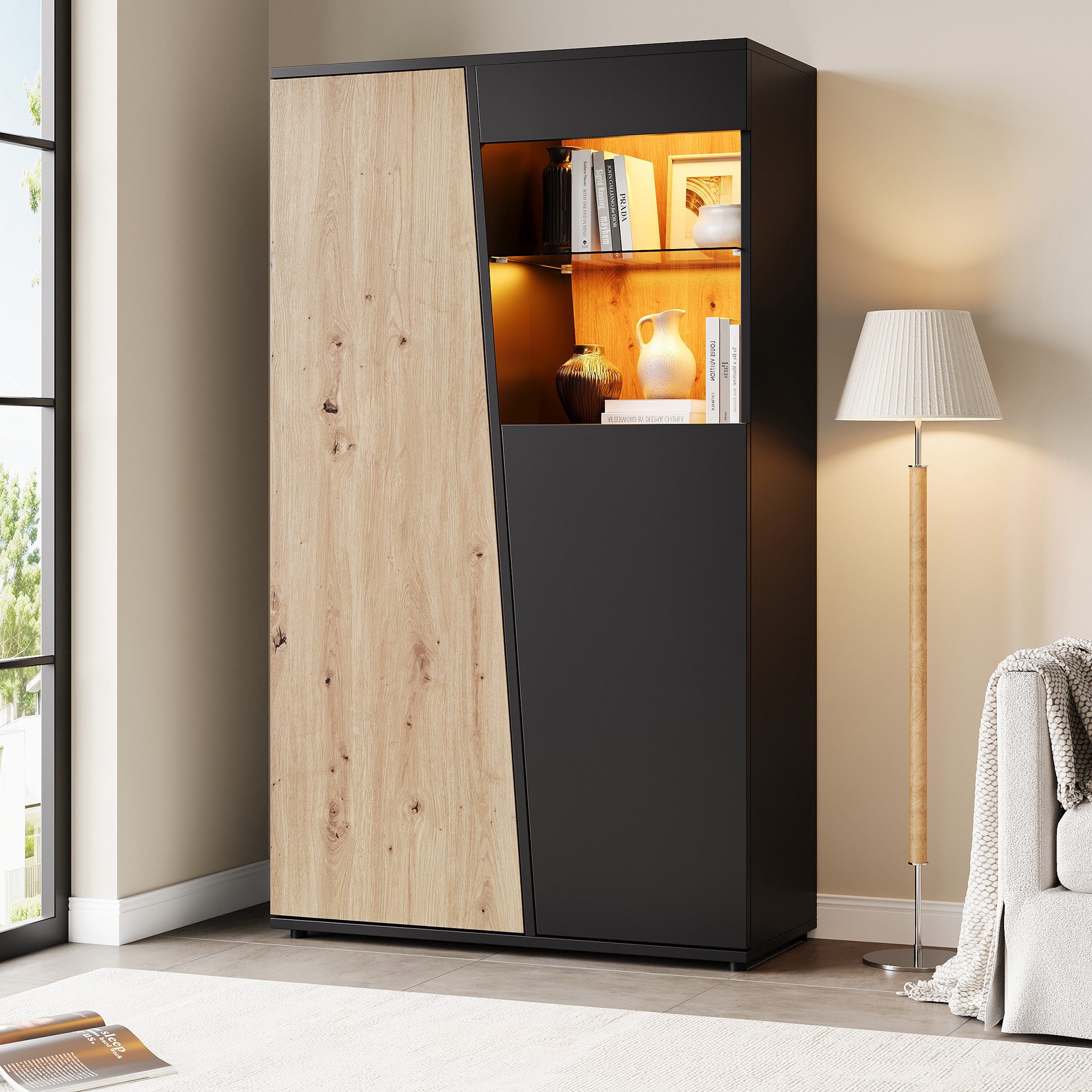 Merax Standvitrine mit LED-Beleuchtung,Vintage Hochschrank Vitrinenschrank mit Soft-Close (1-St., 80 x 35 x 139,5 cm) Vitrine mit 2 Türen, 9 Staufächern & verstellbarem Sicherheitsglas