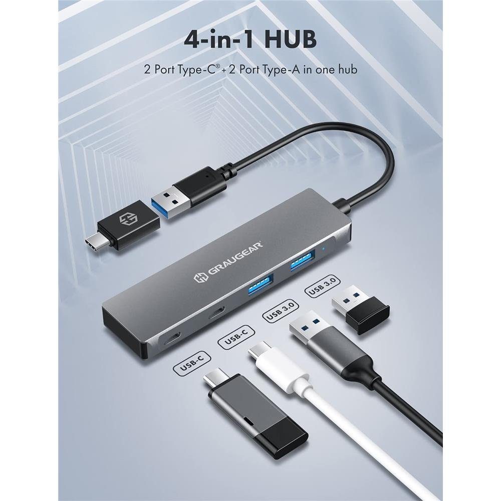 GRAUGEAR 4 Ports USB 3.0 HUB USB-Adapter, 2x USB C, 2x USB A, Aluminium, Kabellänge 20 cm, USB Type C Adapter