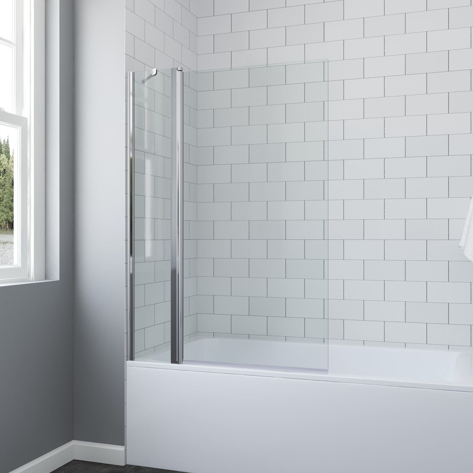 AQUALAVOS Badewannenaufsatz Badewannen Duschwand Glas 2-teilig 99,5 x 140 cm Rahmenlos Chromoptik, 6 mm Einscheiben-Sicherheitsglas (ESG) Beidseitig öffnend, mit Festteil Hebe-/Senkfunktion Chrom Aluprofil Wartungsarm Langlebig
