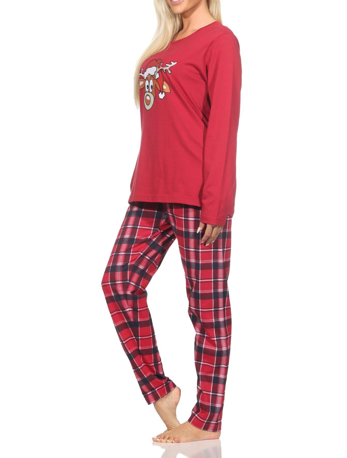 Normann Pyjama Damen Weihnachts Schlafanzug Pyjama mit lustigen Renntier Motiv