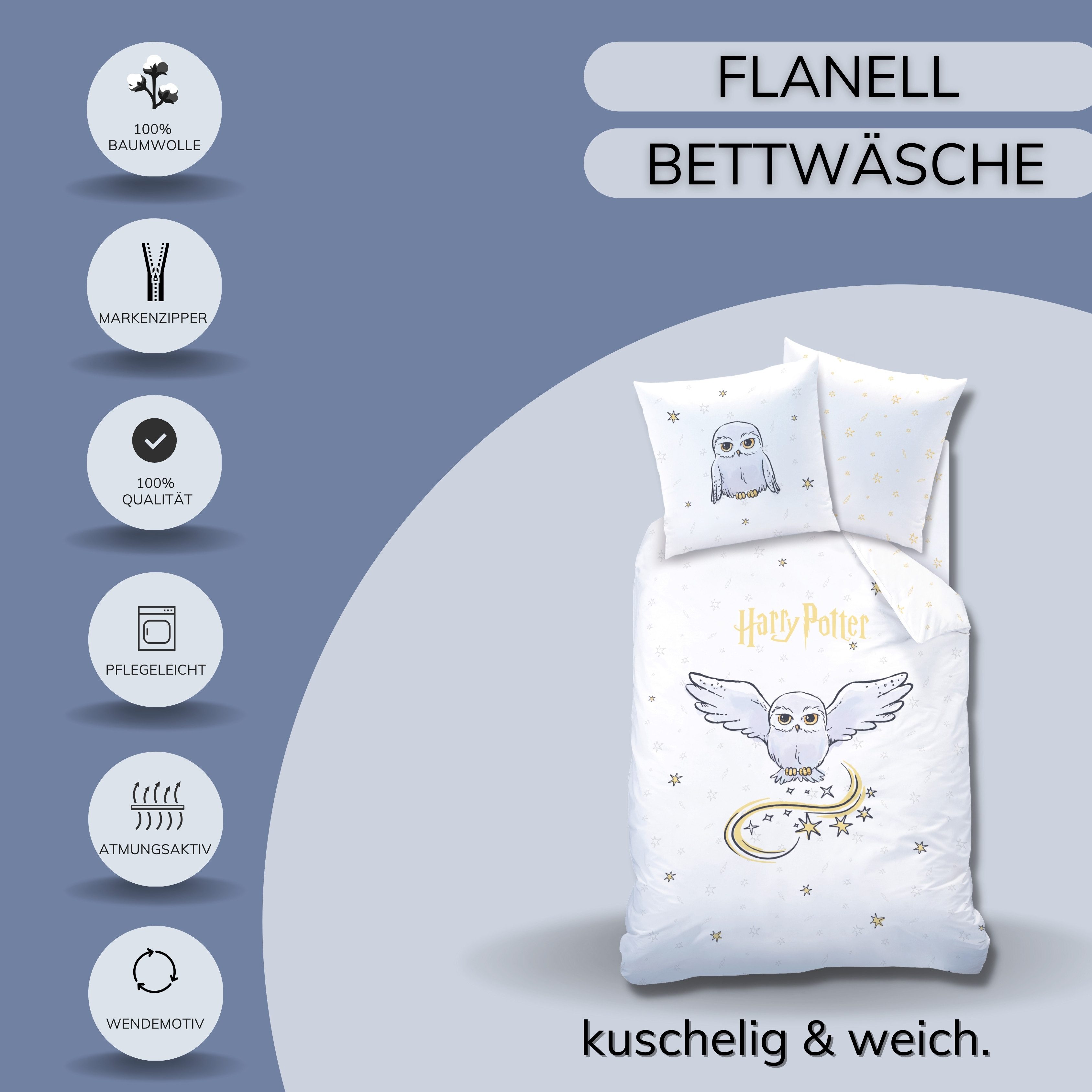 MTOnlinehandel Bettwäsche Harry Potter Eule Hedwig 135x200 + 80x80 cm, 100 % Baumwolle, Flanell, 2 teilig, Kinderbettwäsche für alle Hogwarts Fans – Bild 3 von 5