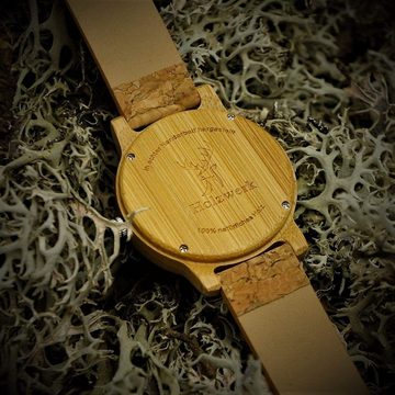 Holzwerk Quarzuhr EUTIN Damen und Herren Holz Uhr mit Kork & Leder Armband in beige