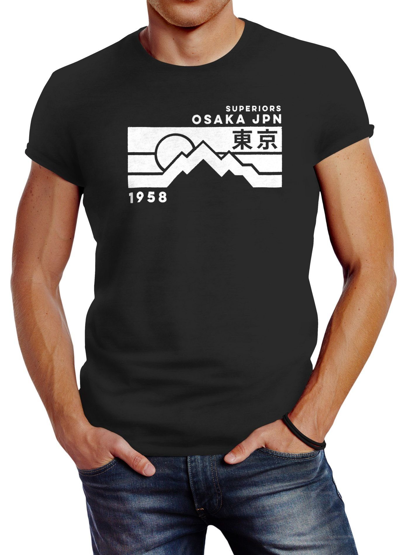 Neverless Print-Shirt Herren T-Shirt Osaka Japan Superiors Mountain Retro Design Printshirt Neverless® mit Print schwarz