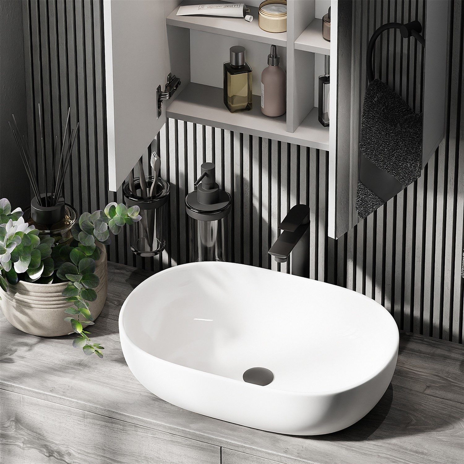 Planetmöbel Aufsatzwaschbecken Aquil Deluxe Badezimmer Waschbecken 60 cm oval für Waschtisch (Keramik Aufsatzwaschbecken für Bad, Gäste WC, 1-St., Waschschale 60 x 40 x 15 cm ohne Hahnloch und Überlauf), für Waschtische oder Waschplätze