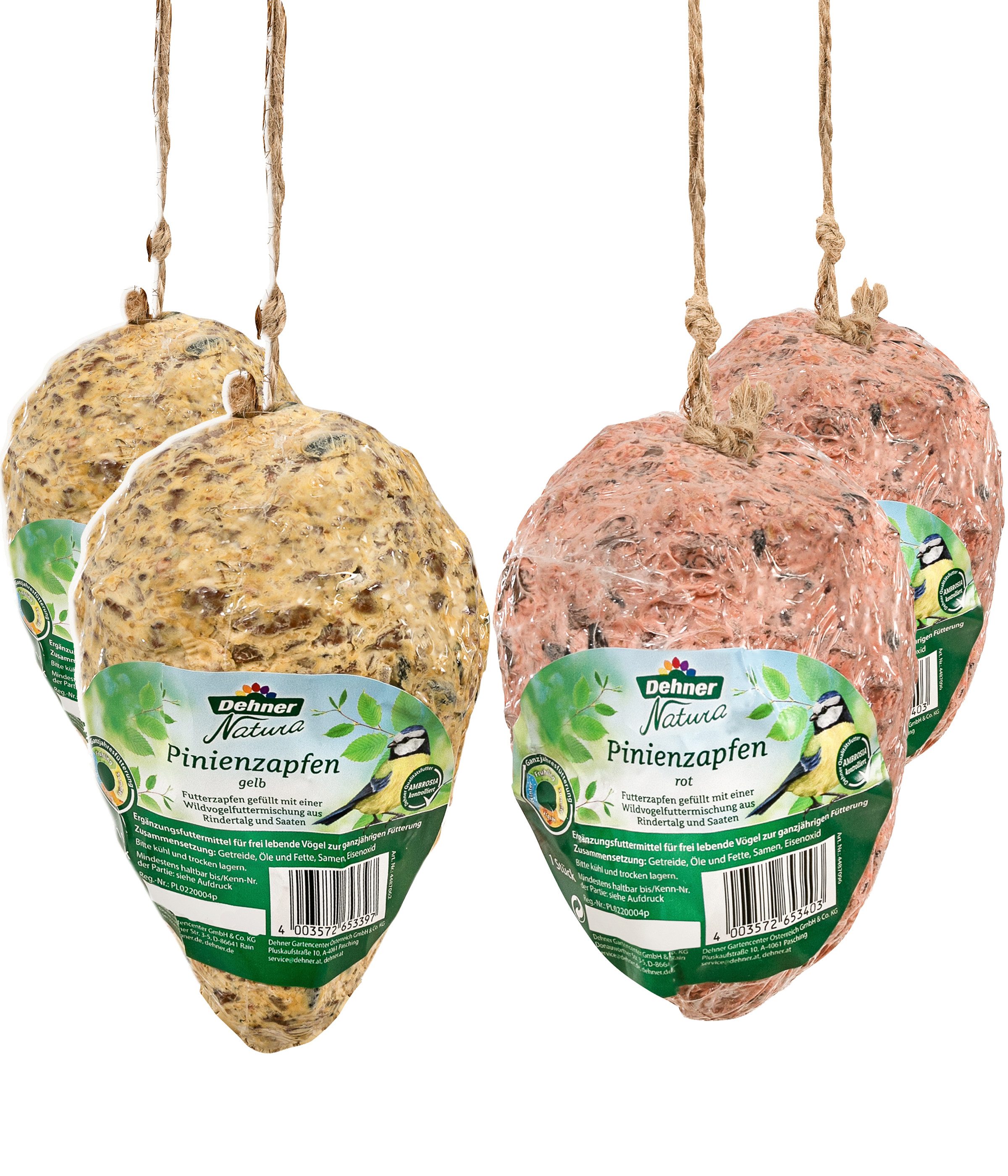 Dehner Natura Premium Wildvogelfutter Pinienzapfen, 4 x 350 g, Kraftfutter für: Wildvogel, zum aufhängen, Fettfutter aus Rindertalg und Saaten
