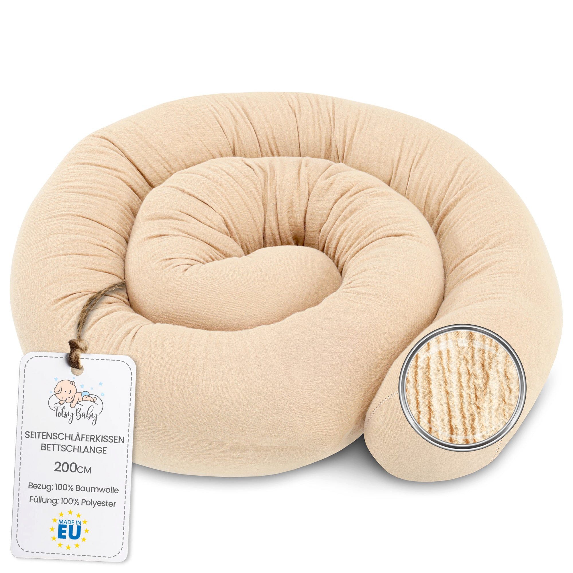 Amazinggirl Sofakissen Bettschlange/Seitenschläferkissen 200cm Musselin-Baumwolle - Hellbeige