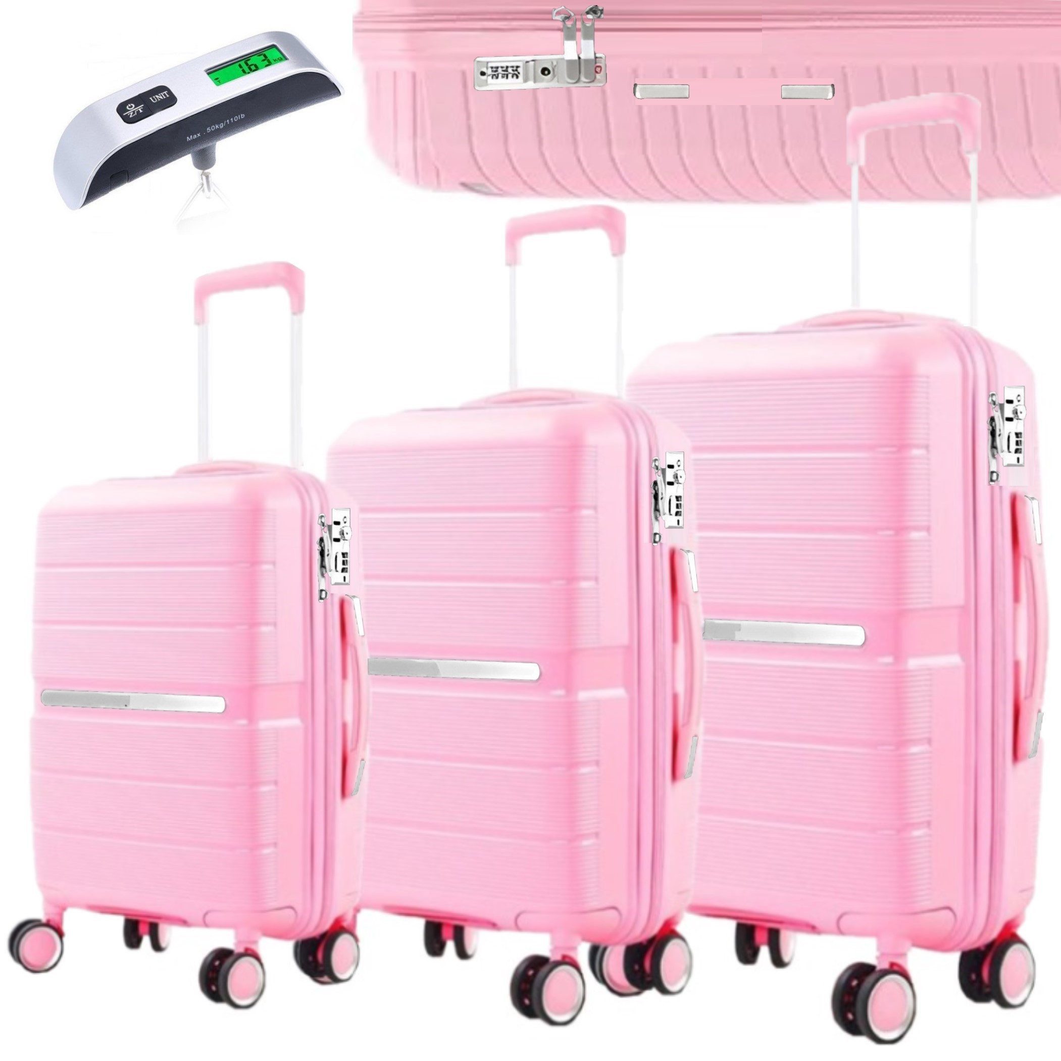 KESSMANN Kofferset 3 teilig Hartschalenkofferset M L XL Koffer + Digitale Kofferwaage, 4 Rollen, (Reisekofferset, 4 tlg., Schloss Teleskopgriff Gepäck Urlaub Zubehör Reise Hartschale Trolley), Reisetasche Kofferset groß mittel klein Handgepäck Gepäck Rollkoffer