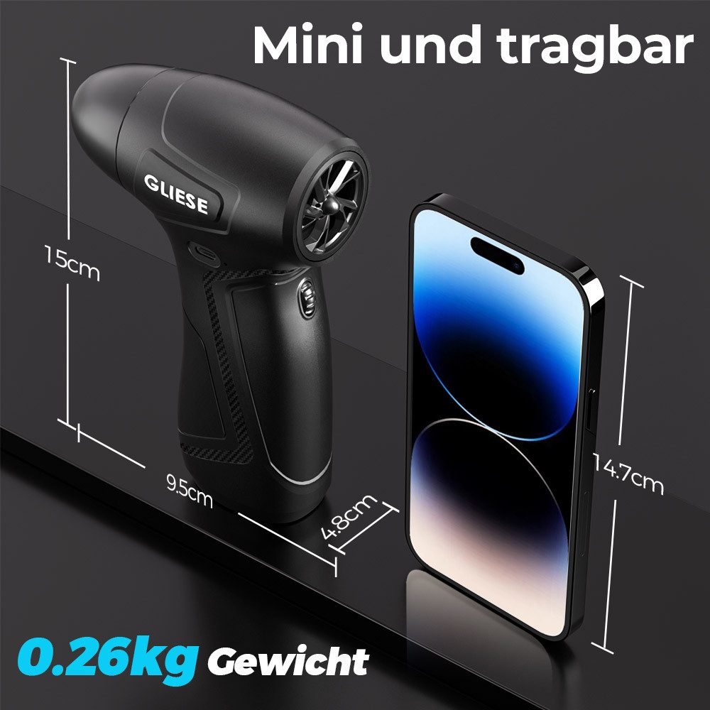 Rhein Beleuchtung Akku-Gebläse Elektrischer Druckluftreiniger 100000 U/min mit 5000mAh Akku, (Set, 16 St., Für PC, Tastatur, Auto, Kamera & Elektronik mit 3 Düsen), Bürstenloser Motor, stufenlos regelbar, wiederaufladbar