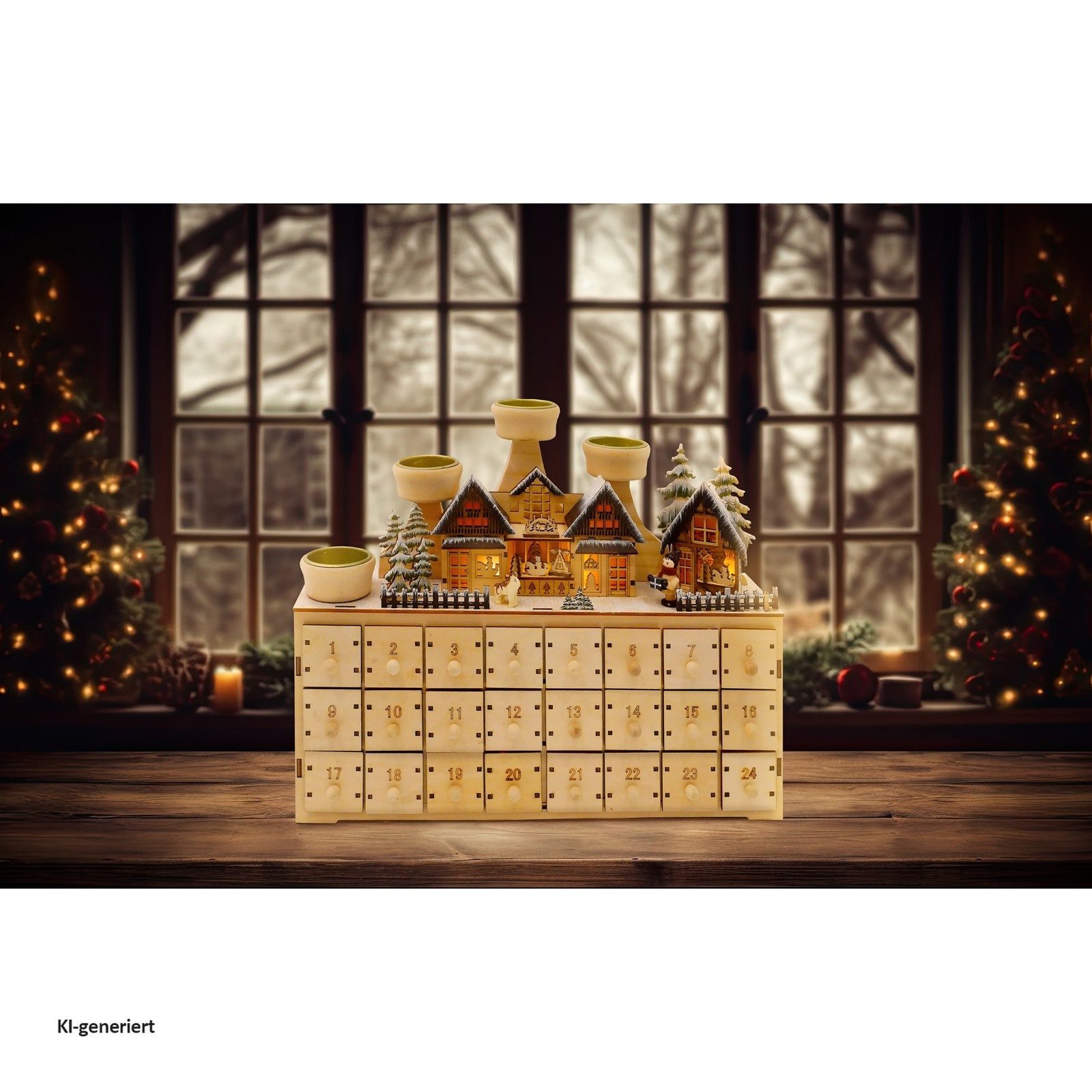 HTI-Living befüllbarer Adventskalender Adventskalender Weihnachtsmarkt zum Befüllen (Stück, 1-tlg), mit LED-Beleuchtung und Kerzenhaltern für 4 Teelichter
