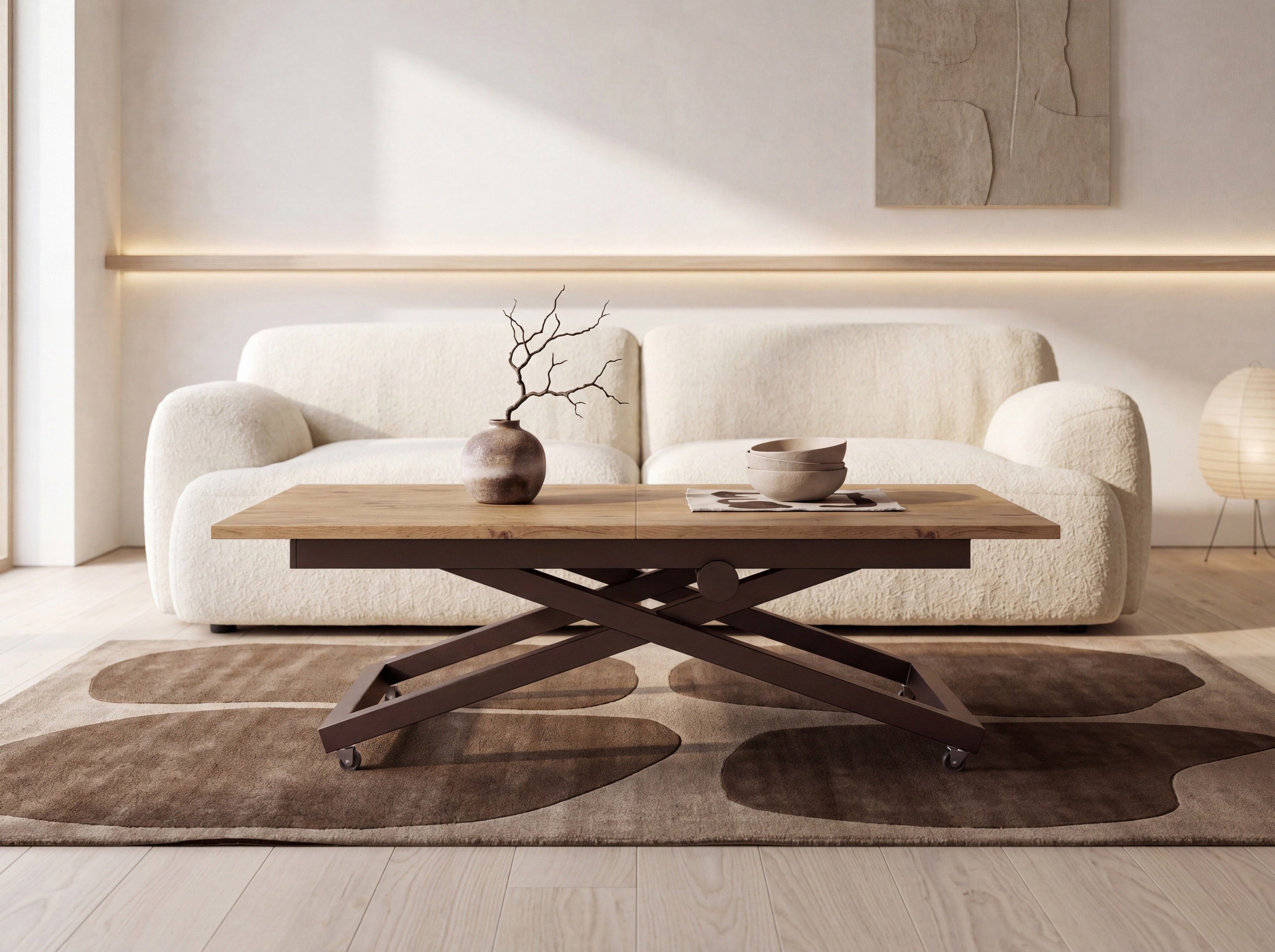 WFL GROUP Couchtisch Axen Ausziehbarer Höhenverstellbarer Couchtisch mit X-Metallgestell (MADE IN EU, 120 x 80 cm ausziehbar auf 160 cm, höhenverstellbar von 38 bis 75 cm), Multifunktional Rechteckiger Wohnzimmertisch mit Rollen