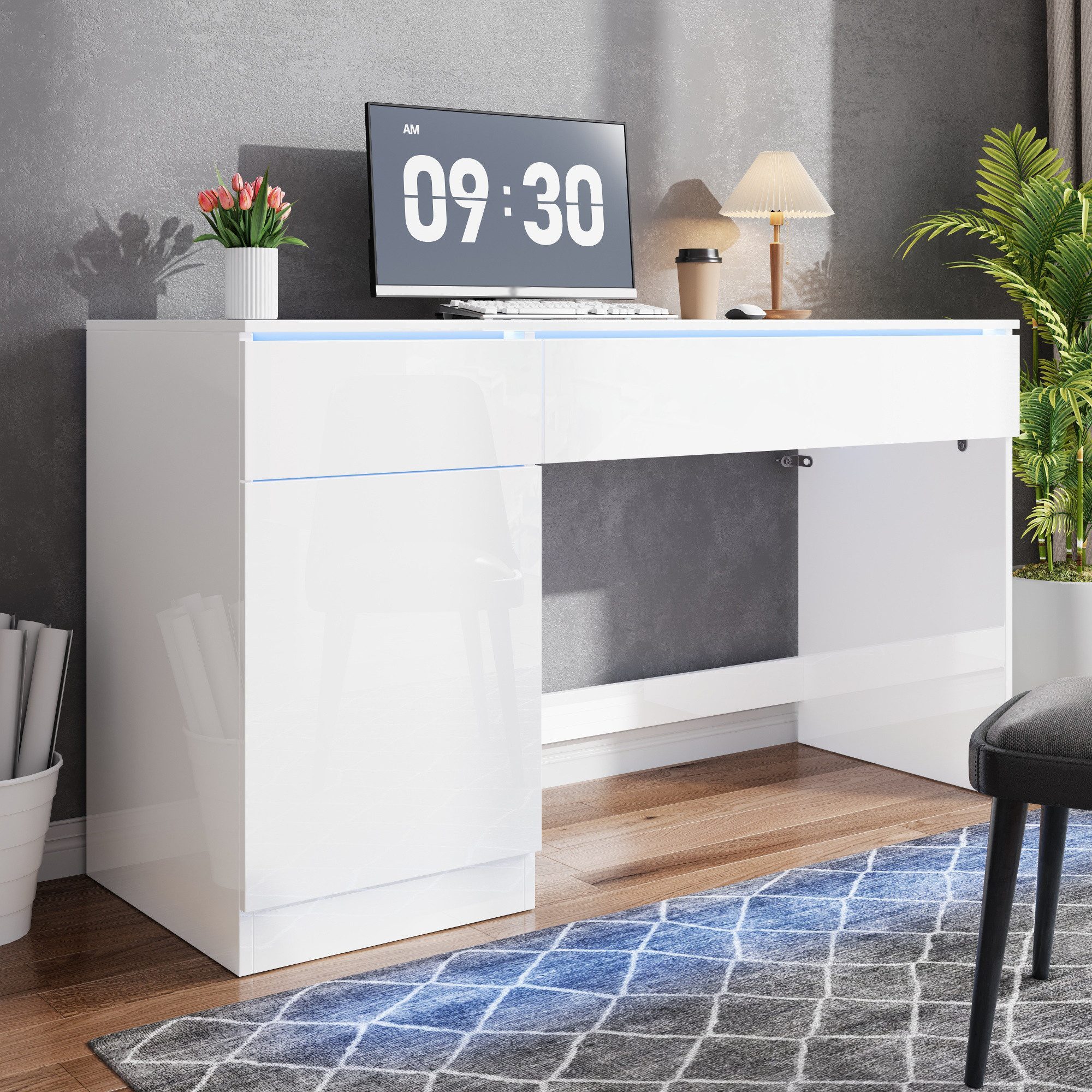Flieks Schreibtisch Computertisch Arbeitstisch Bürotisch mit LED-Beleuchtung (120x50x78 cm, 1-St., 1 Tisch), Multifunktionstisch mit 2 Schublade und 1 Türen hoc – Bild 2 von 5