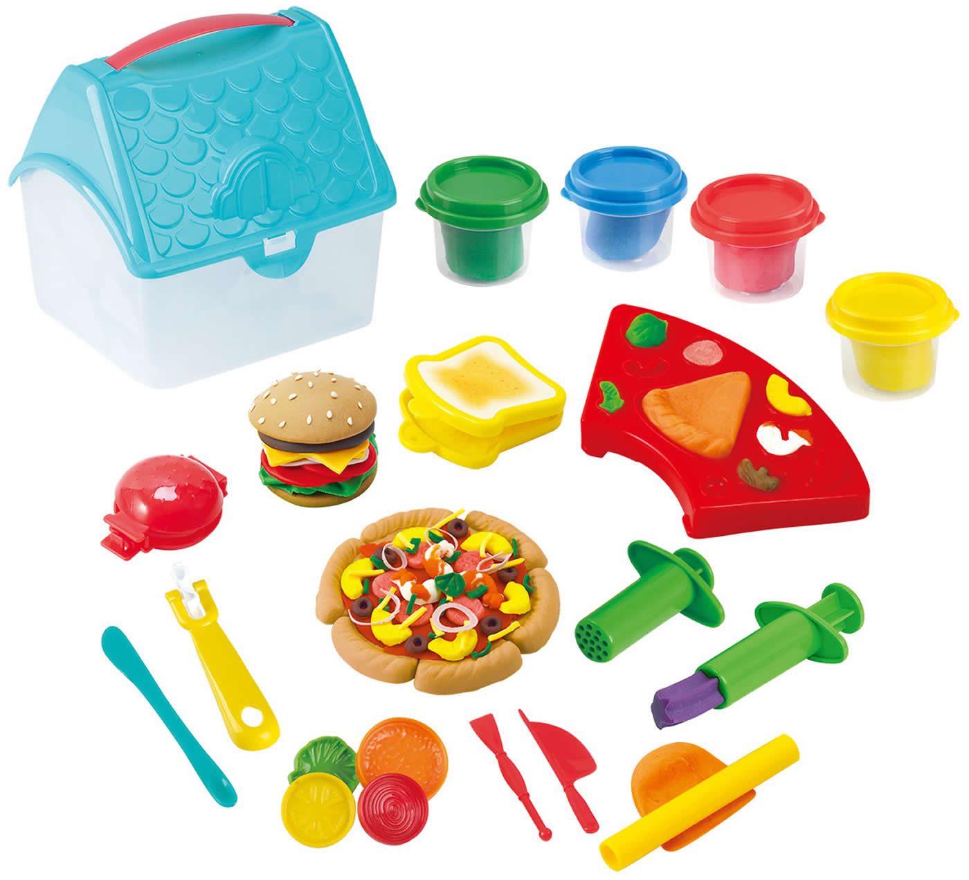 Play Knetform-Set Knetset Sandwich 19-tlg. Tragekoffer 4 Dosen Knete Formen Werkzeug +3J (Set, 19-tlg)
