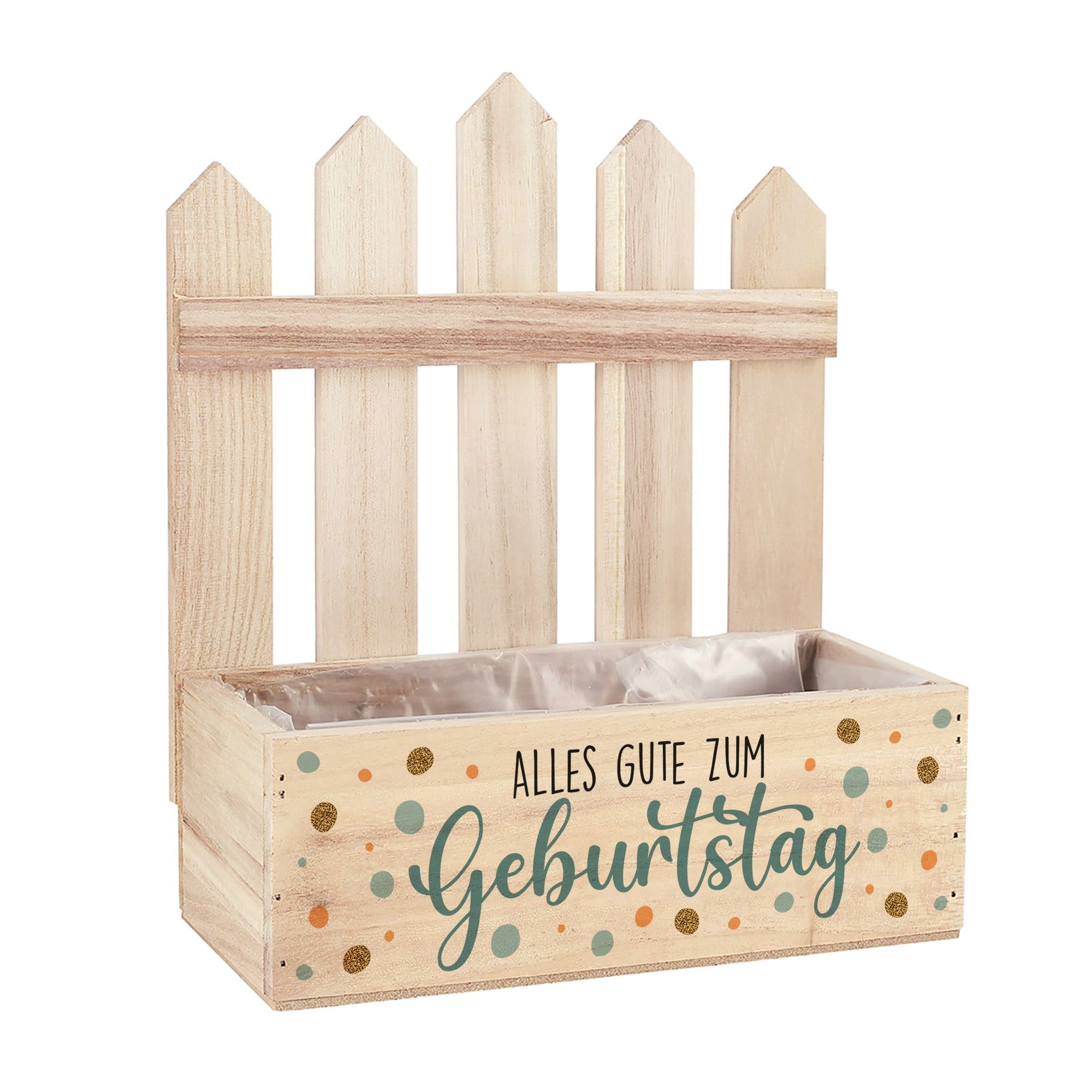 Herz & Heim Geschenkbox Präsentkorb Geburtstag - Holz Geschenkkorb Geburtstagsgeschenk, mit Zaun Element, 23 x 27 x 10,5 cm (B/H/T)