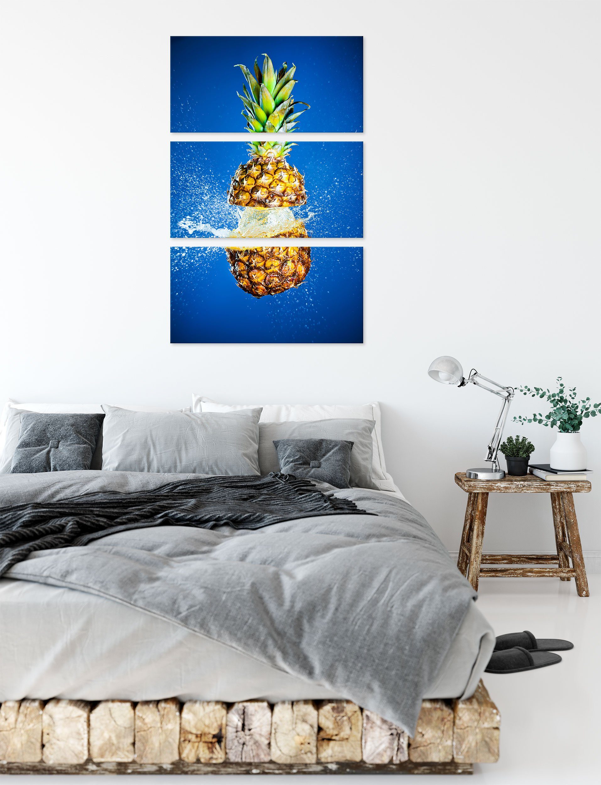 Ananas Wasser Zackenaufhänger mit St), Ananas Leinwandbild (1 Leinwandbild bespritzt (120x80cm) Pixxprint bespannt, inkl. Wasser fertig bespritzt, 3Teiler mit