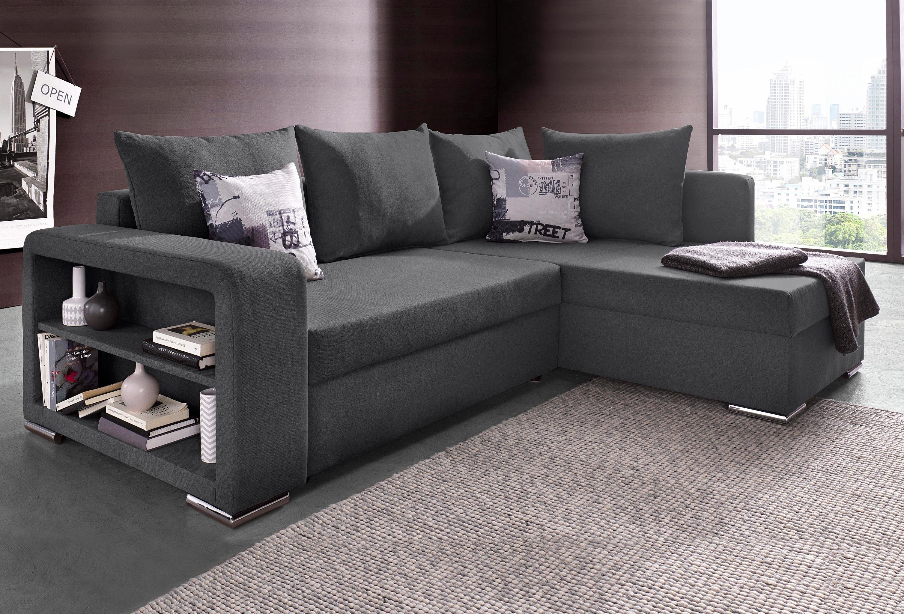 COLLECTION AB Ecksofa John L-Form, B: 226 cm, Schlaffunktion & Bettkasten, Regalelement & 2 Zierkissen, Couch mit Federkern