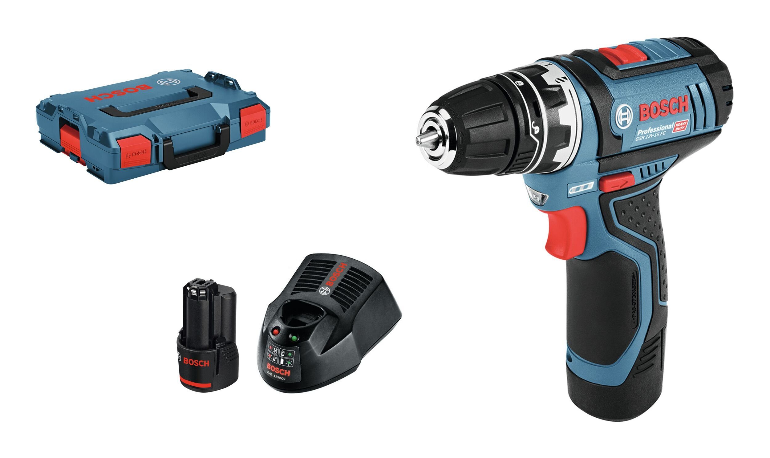 Bosch Professional Akku-Bohrschrauber GSR 12V-15 FC, 12 V, Mit 2x Akku 2 Ah & 1 Aufsatz - in L-BOXX 102