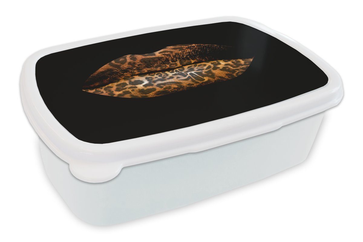 MuchoWow Lunchbox Lippen - Tigerdruck - Schwarz, Kunststoff, (2-tlg), Brotbox für Kinder und Erwachsene, Brotdose, für Jungs und Mädchen weiß