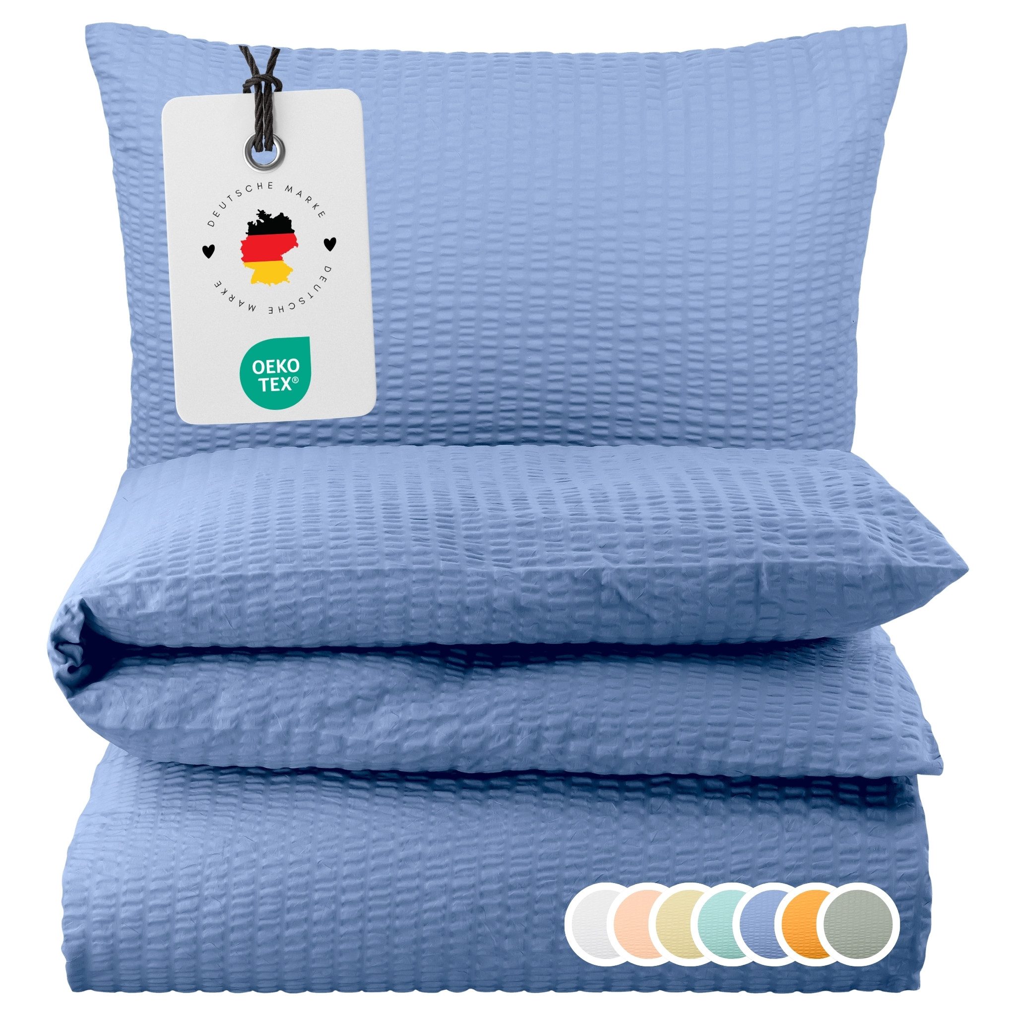 Carpe Sonno Bettwäsche Seersucker 135 x 200 155 x 220 Bügelfrei Sommer Uni 100% Baumwolle, Seersucker, 2 teilig, Leicht kühlender Bettbezug Reißverschluss & OEKO-TEX Blau 135x200