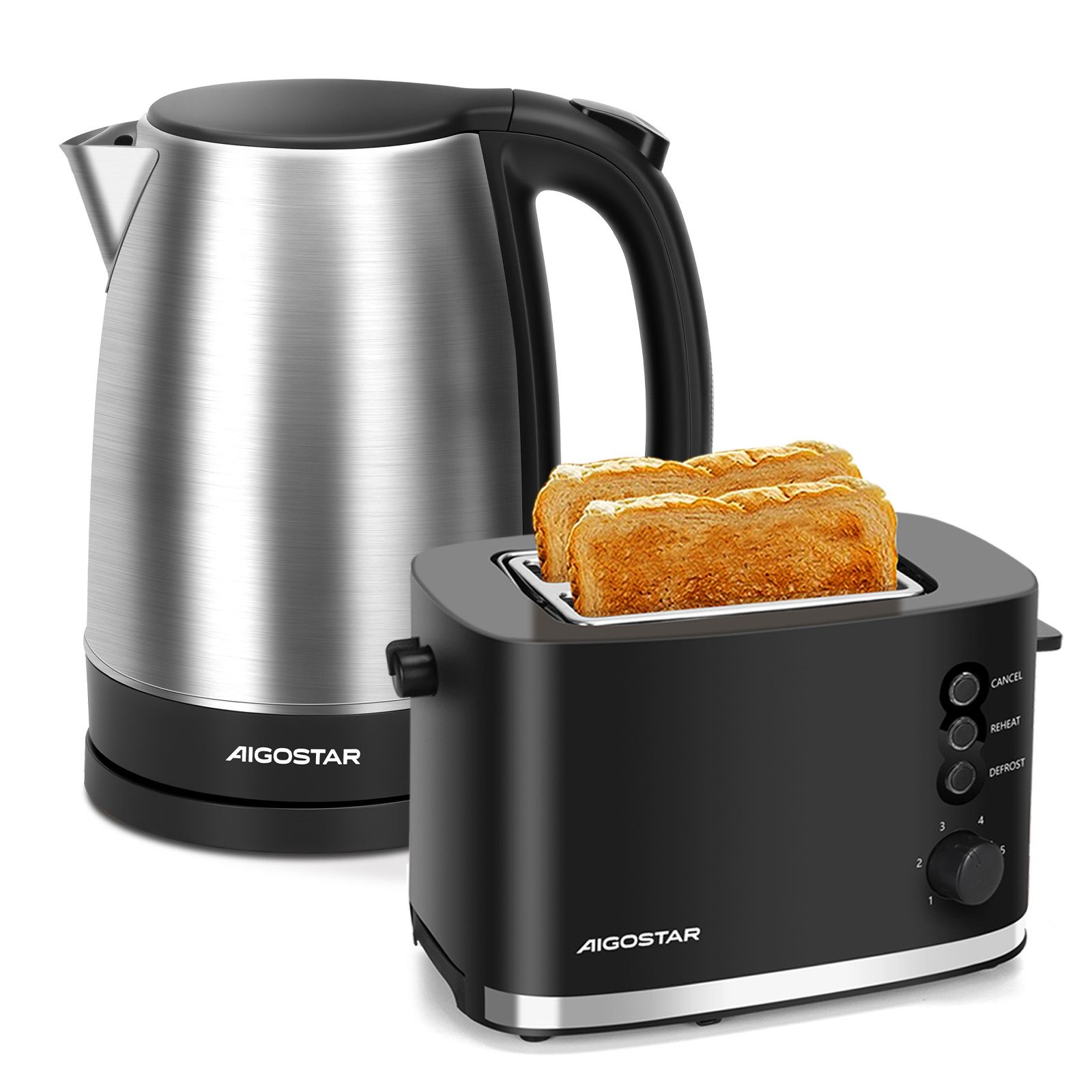 Aigostar Frühstücks-Set Edelstahl Wasserkocher 1,7L / 2-Scheiben Langschlitz Toaster, Schwarz, Elegantes Design & starke Leistung, Komfortabel im Alltag