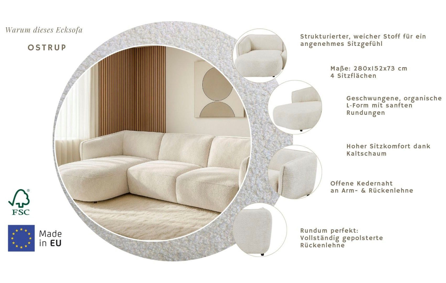 Home affaire Ecksofa OSTRUP Rundsofa, L-Form, Naturtöne, Boucle oder Chenille, Breite 280 cm, organische Form mit sanften Rundungen