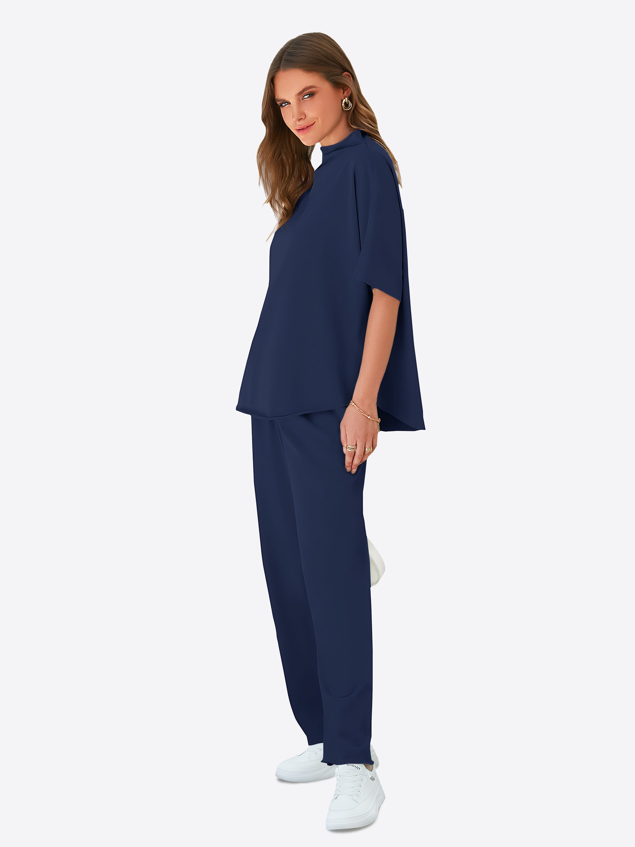 Imily Bela Hausanzug Damen Lounge-Set (Set, 2 tlg., Pullover-Oberteil mit 3/4-Fledermausärmeln + weite Hosen) Einfarbig – Bild 4 von 5