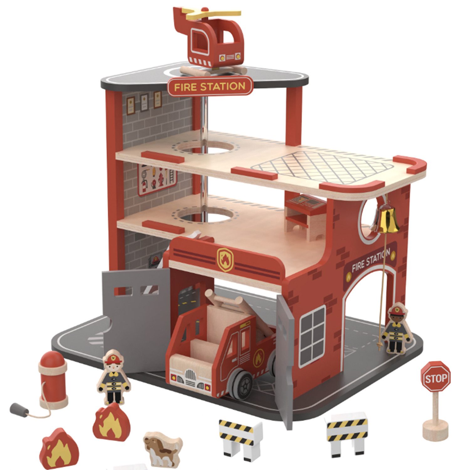howa Spielzeug-Feuerwehr, Spielzeug Feuerwache Holz mit Feuerwehrauto, Hubschrauber & Zubehör