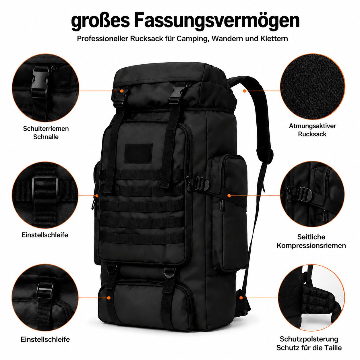 Forrlite Trekkingrucksack Camping Hiking Backpack Sports Bag for Men and Women Hiking, Camping (Tactical Rucksack Schwarz 80L taktisch MOLLE), Separatem Schuhfach, wasserdicht, ultraleicht und reißfest