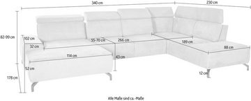 sit&more Wohnlandschaft Gizeh U-Form, 12 cm Fußhöhe, inklusive Sitztiefenverstellung und Kopfteilverstellung