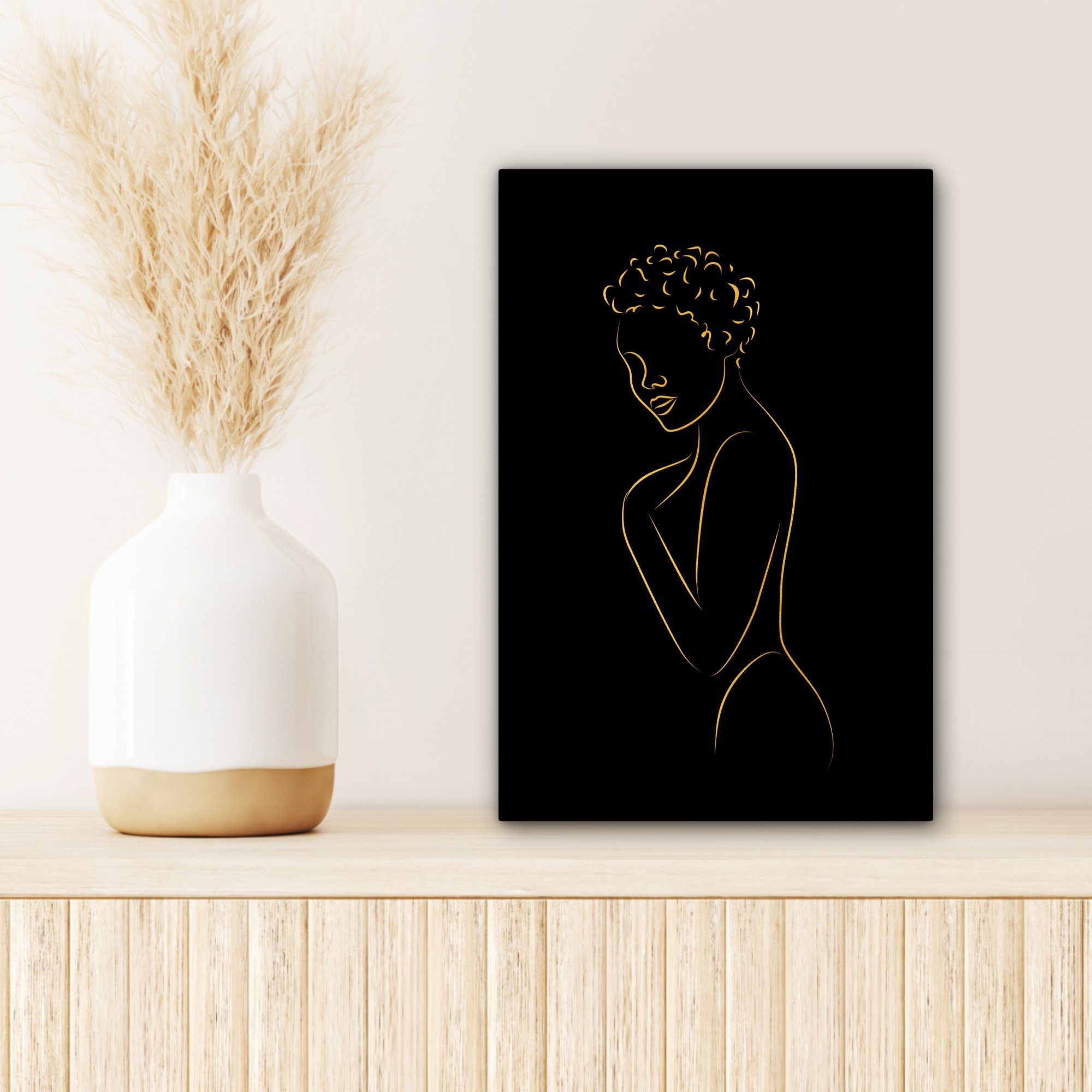 OneMillionCanvasses® Leinwandbild Frau - Gold (1 fertig St), bespannt Zackenaufhänger, Schwarz - Strichzeichnung, Leinwandbild Gemälde, cm - 20x30 inkl