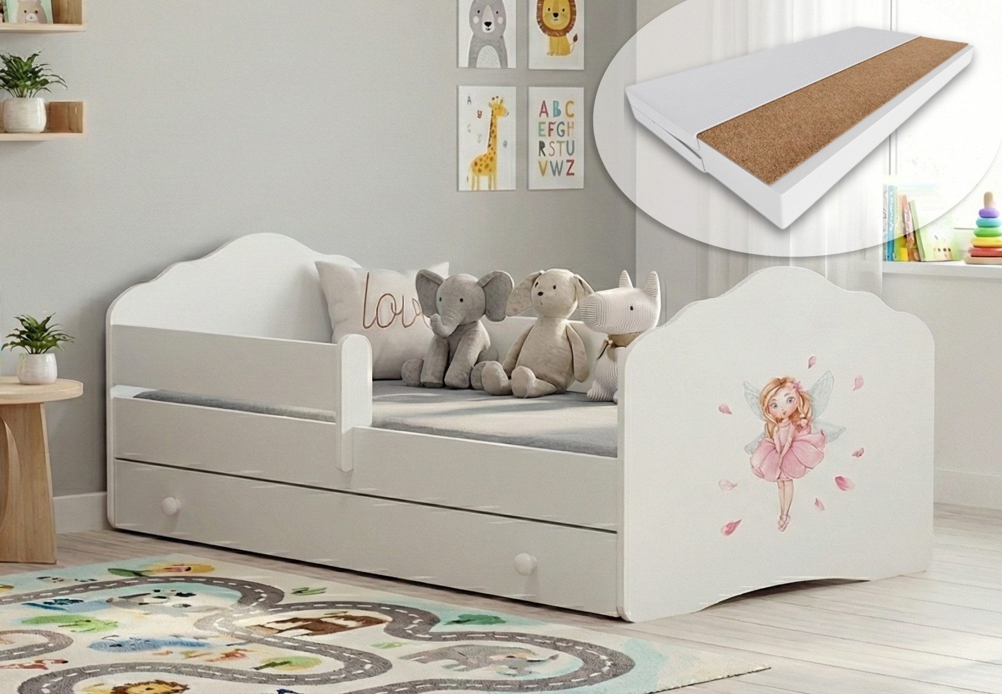 Kids Collective Kinderbett für Mädchen mit Matratze und Schublade & Lattenrost (70x140, 80x160 cm Jugendbett Einzelbett Komplettbett in weiß mit Prinzessin Motiv), Bett für Kinder Bett komplett Set Rausfallschutz Kinderbett 80x160 cm