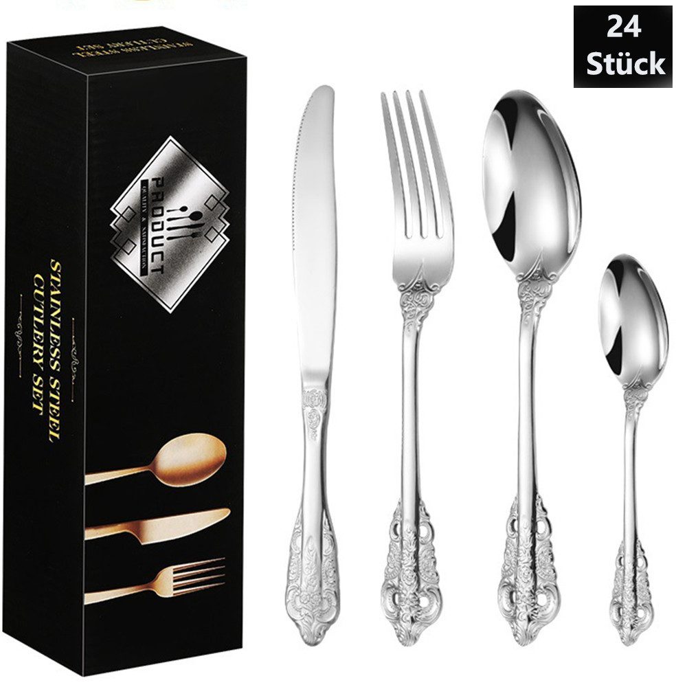 PFCTART Besteck-Set 24-teiliges Edelstahl Besteck Set in Silber für 6 Personen (24-tlg), 6 Personen, Bestehend aus Messer, Gabel, Löffel Teelöffel – Geschirrset, Geprägte Griffe im Palaststil · Rostfrei & spülmaschinenfest
