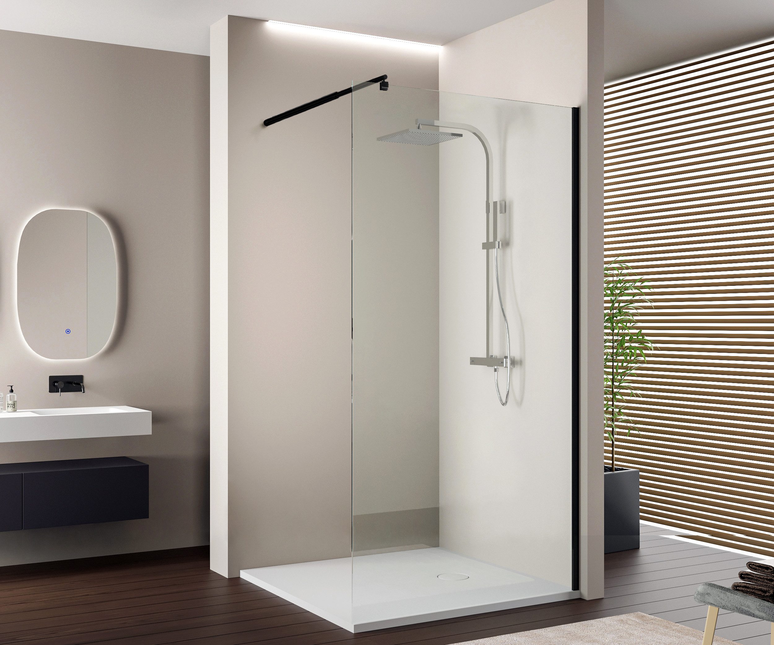 Bernstein Walk-in-Dusche EX103 100x200 cm Super White Schwarz, ESG Sicherheitsglas, 100 cm – Stabilisationsstange rund