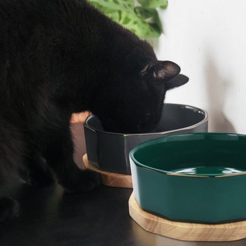 Navaris Napf-Set, Fressnapf Futternapf Set aus Keramik - 2x Hundenapf Katzennapf Futterschale mit Unterlage aus Eichenholz - Fressnäpfe für Hunde und Katzen