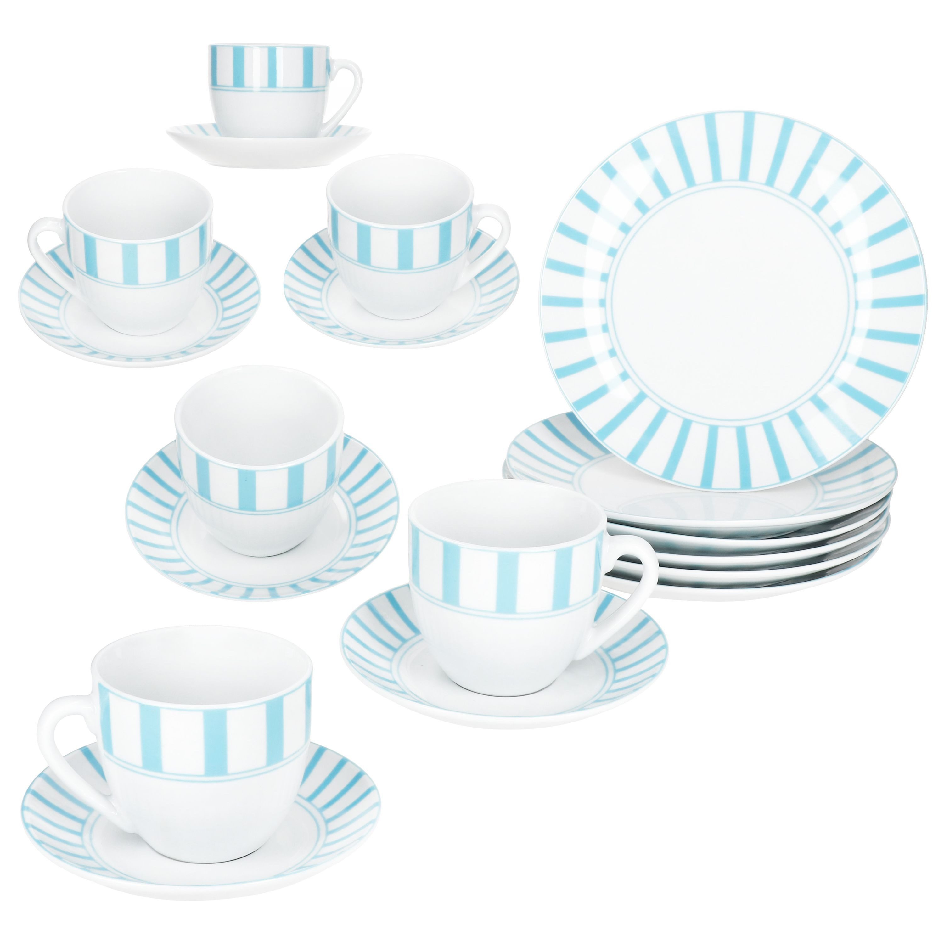 MamboCat Kaffeeservice 18tlg Kaffeeservice Split türkis Porzellan Tasse Teller Streifen, Porzellan