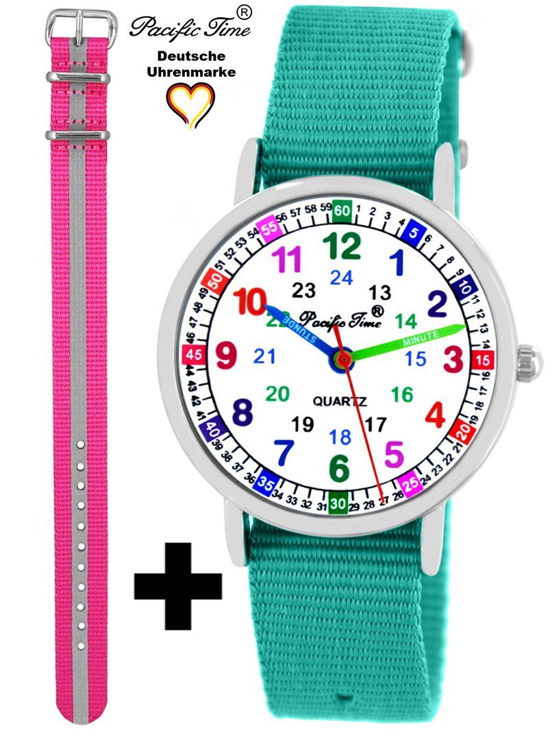 Pacific Time Quarzuhr Set Kinder Armbanduhr Lernuhr Wechselarmband, Mix und Match Design - Gratis Versand türkis und Reflektor pink