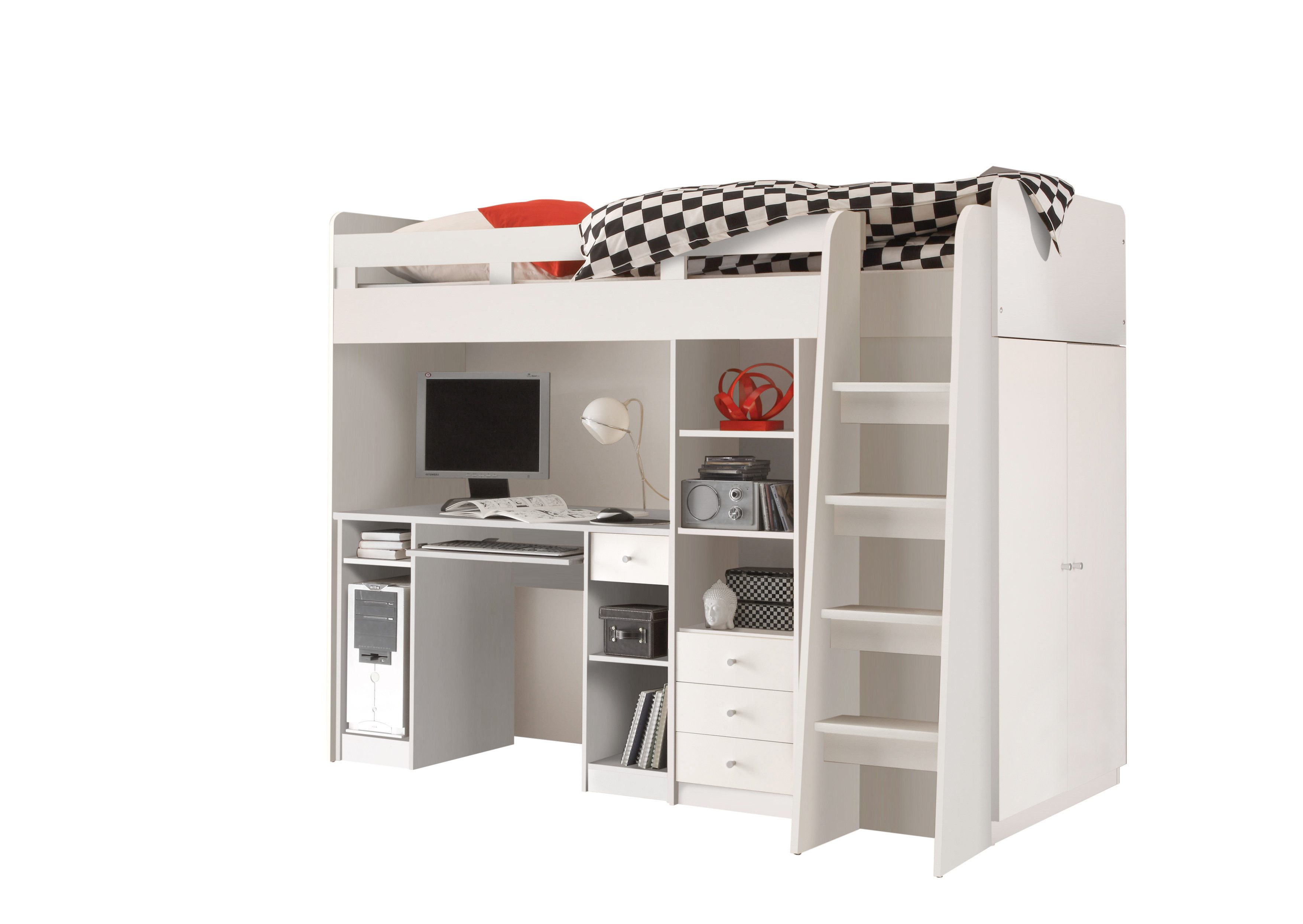 möbel-direkt.de Hochbett Unit in Weiß oder in Eiche Sonoma und Weiß (Komplett Set, in verschiedenen Farben wählbar) mit integriertem Schrank, Schreibtisch, Bett, Regale