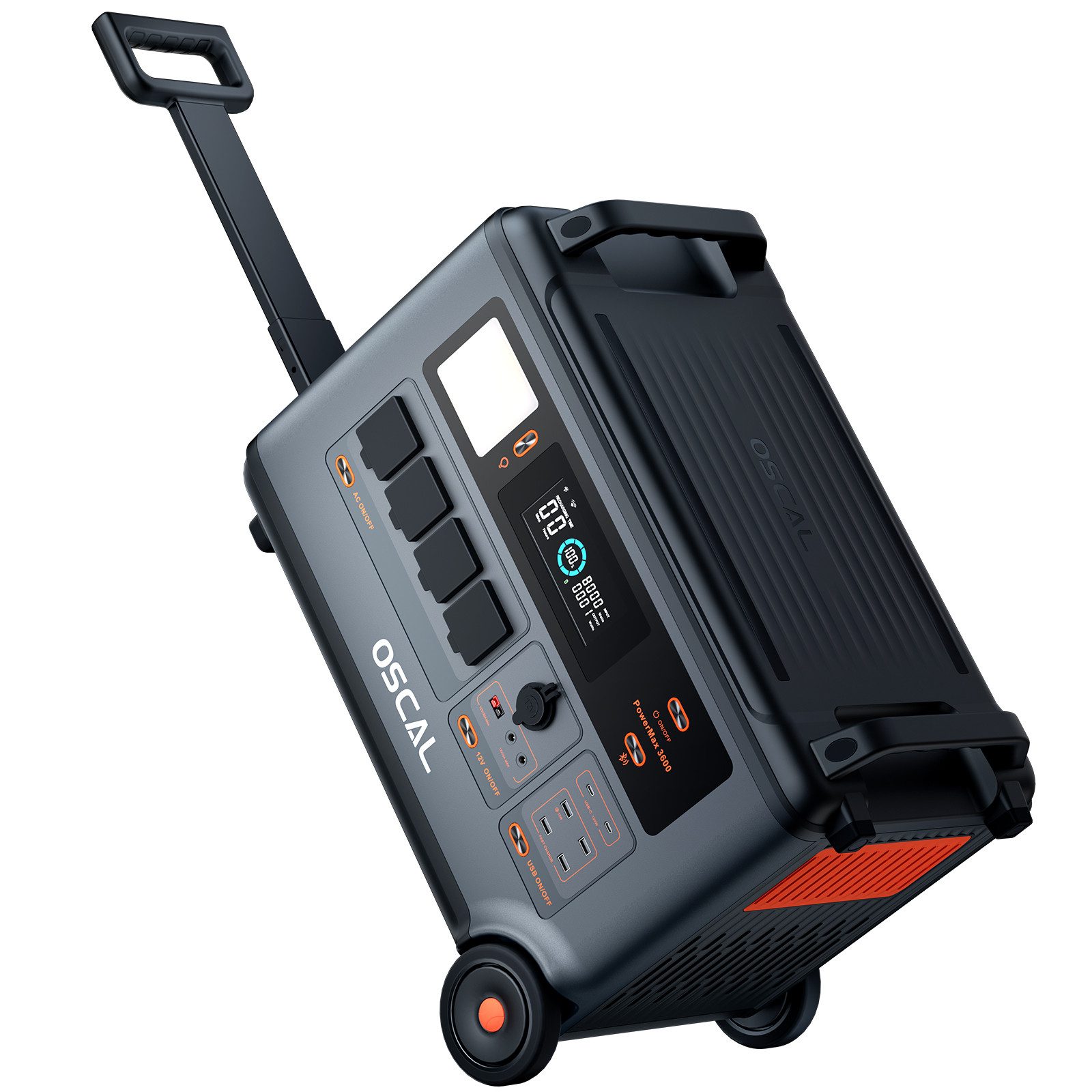 OSCAL Stromerzeuger PowerMax 3600W Powerstation, 3,60 in kW, 3600Wh, 14 Ausgänge, LED-Licht, LiFePO4 Solarspeicher