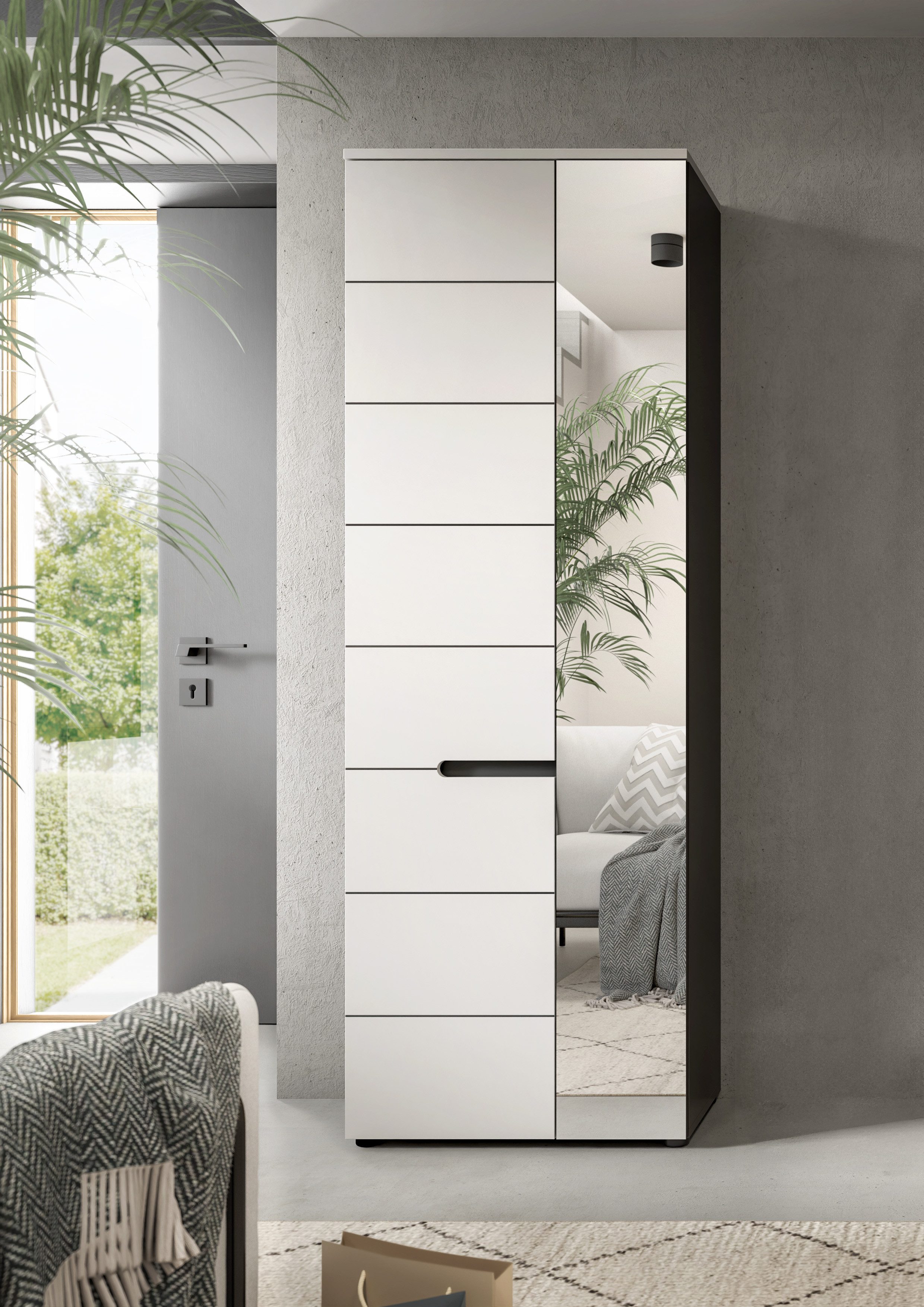 furnling Garderobenschrank Cano 1 Tür, 1 Spiegeltür, 6 Fächer, grau/weiß, Garderobenmöbel, Flurmöbel