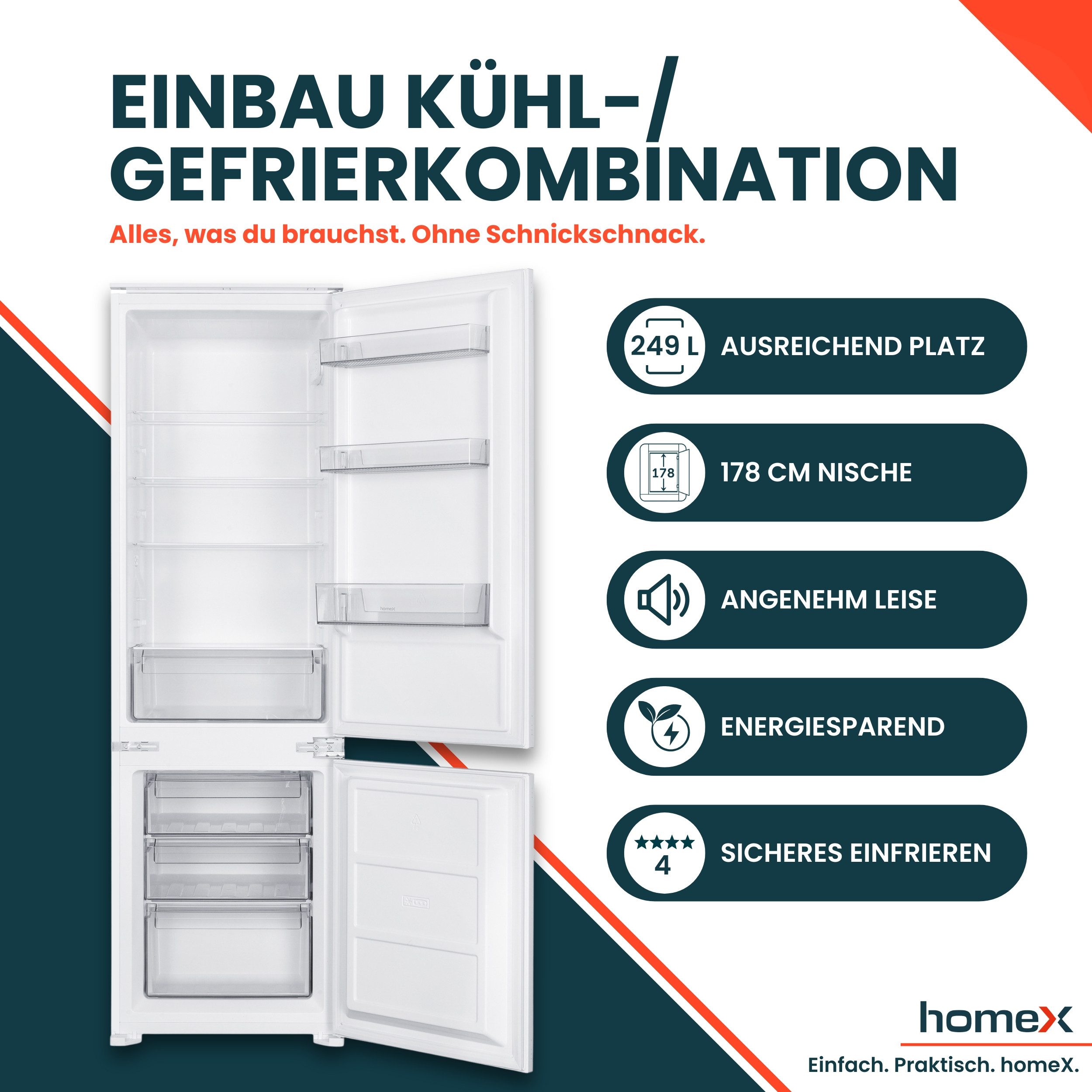 homeX Einbaukühlgefrierkombination CFB2491E, 178 cm hoch, 54 cm breit, 249 Liter, Einbaukühlschrank mit Gefrierfach, 178cm hoch, Schlepptür