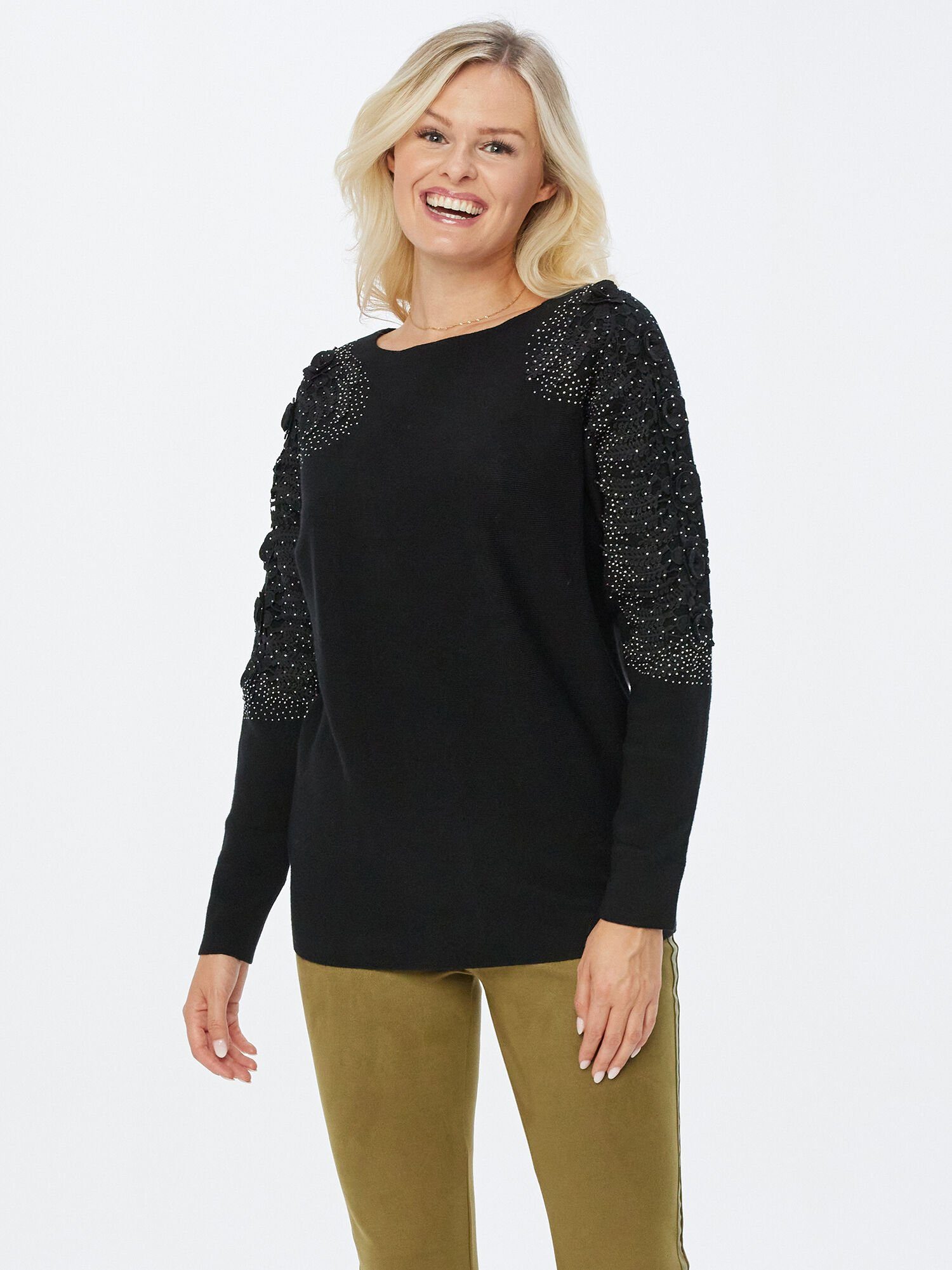 Edwina Eidtmann Strickpullover Langarmshirt mit zarter schwarzer Spitze