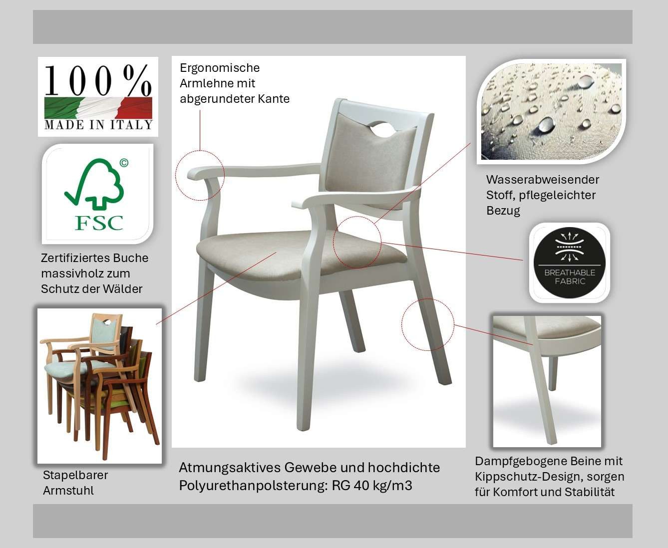 Home affaire Armlehnstuhl London, Stuhl, Komfortsessel, 3 Gestellfarben, Made in Italy (1 St), Extra-komfortabel, ergonomisch, fleckenabweisendes Gewebe, Massivholz