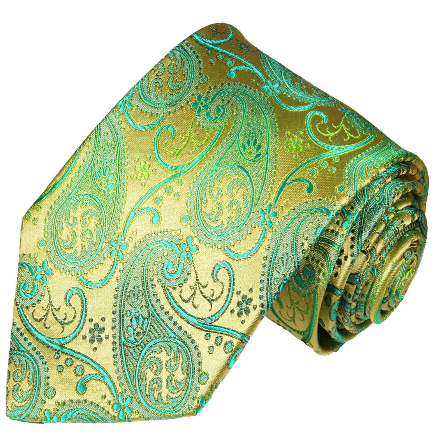 Krawatte gold brokat Seidenkrawatte paisley (Set, Breit Krawatte 817 Herren Seide Malone 100% Tuch und mit 2-St., (8cm), Paul Einstecktuch) grün
