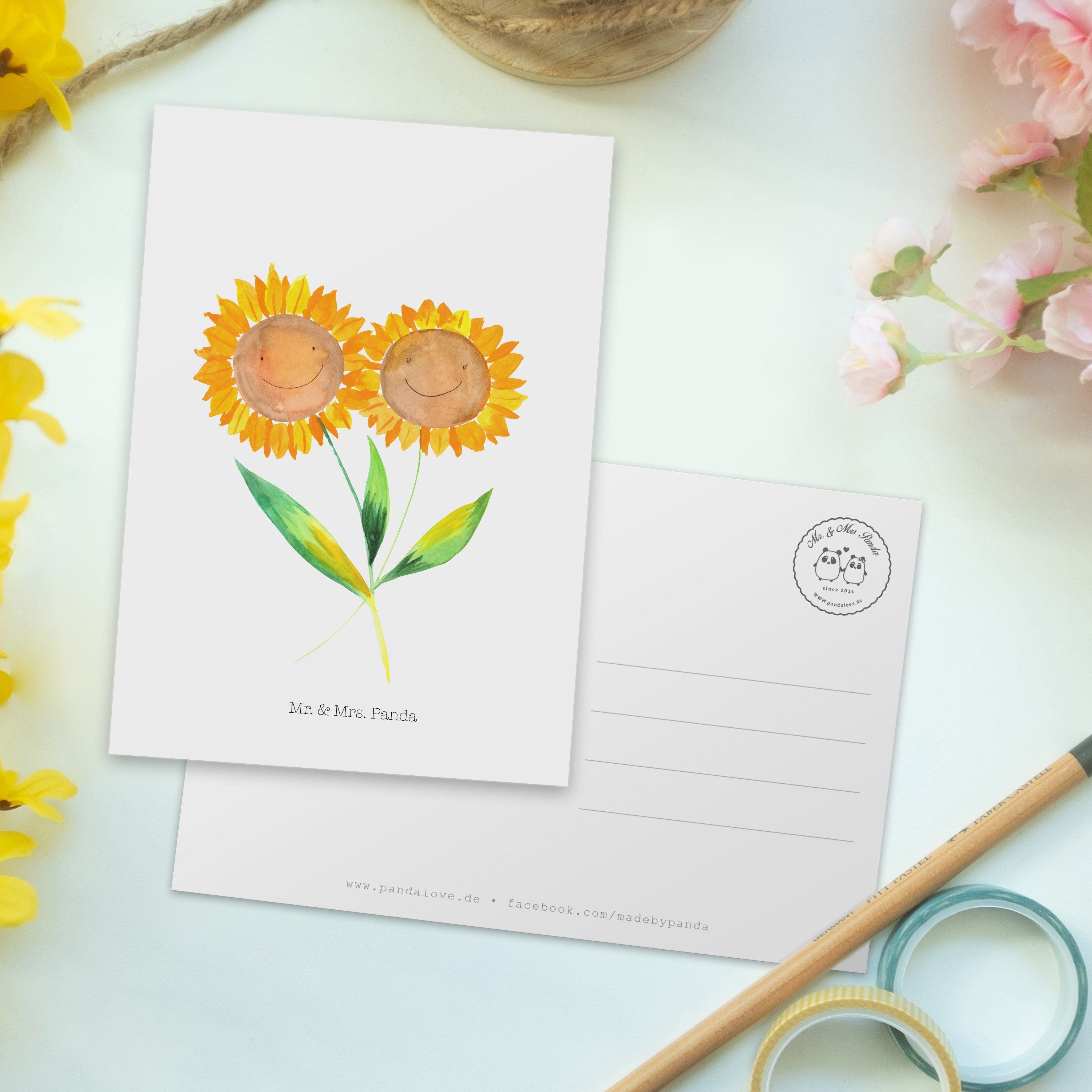 Postkarte Blumen, Geschenk, Einladung, Lieblingsmensch, Ge & Panda Mr. Sonnenblume - Weiß - Mrs.