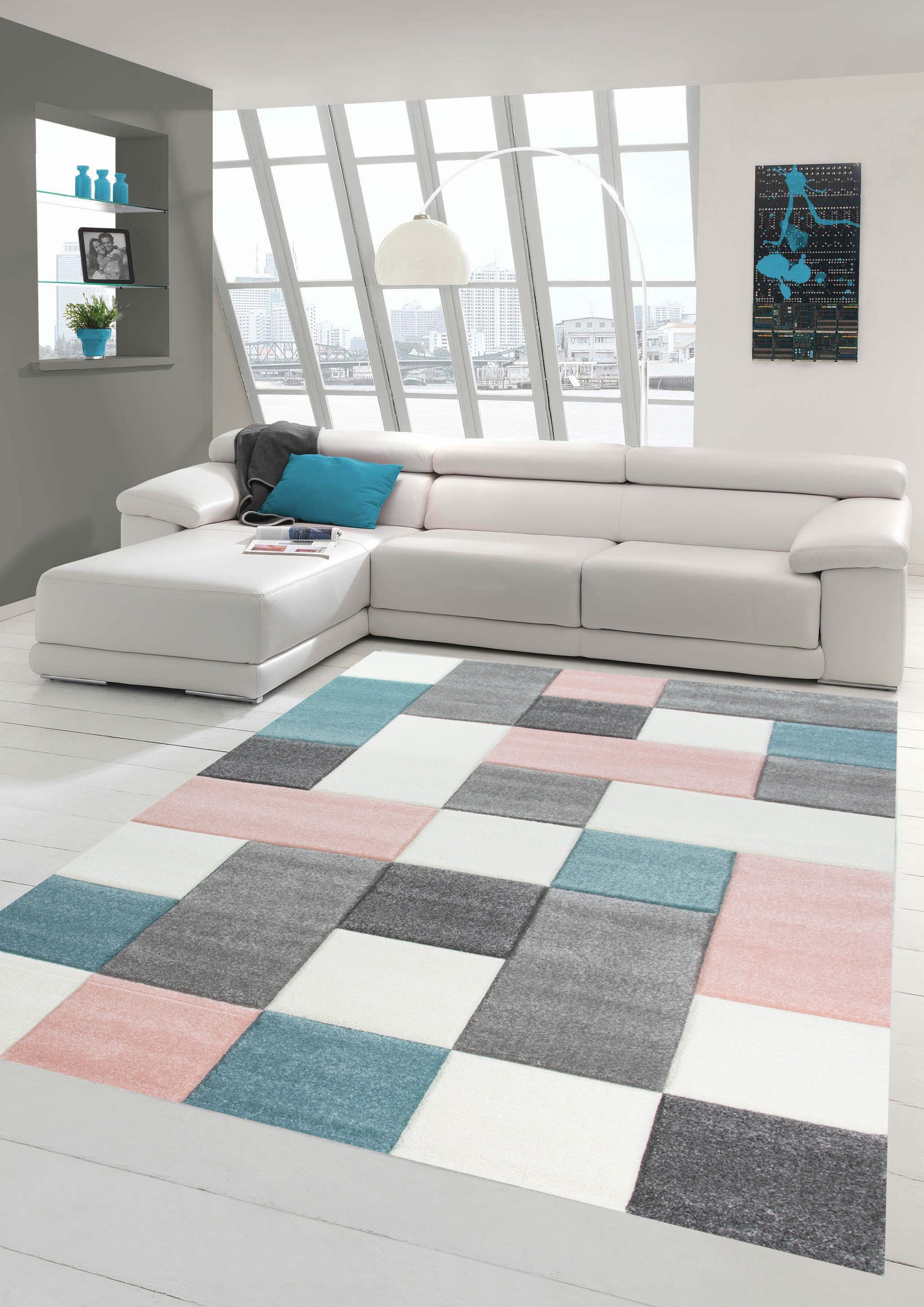 Teppich Wohnzimmer Teppich Design mit Karo Muster in Rosa Grau Türkis, Teppich-Traum, rechteckig, Höhe: 13 mm