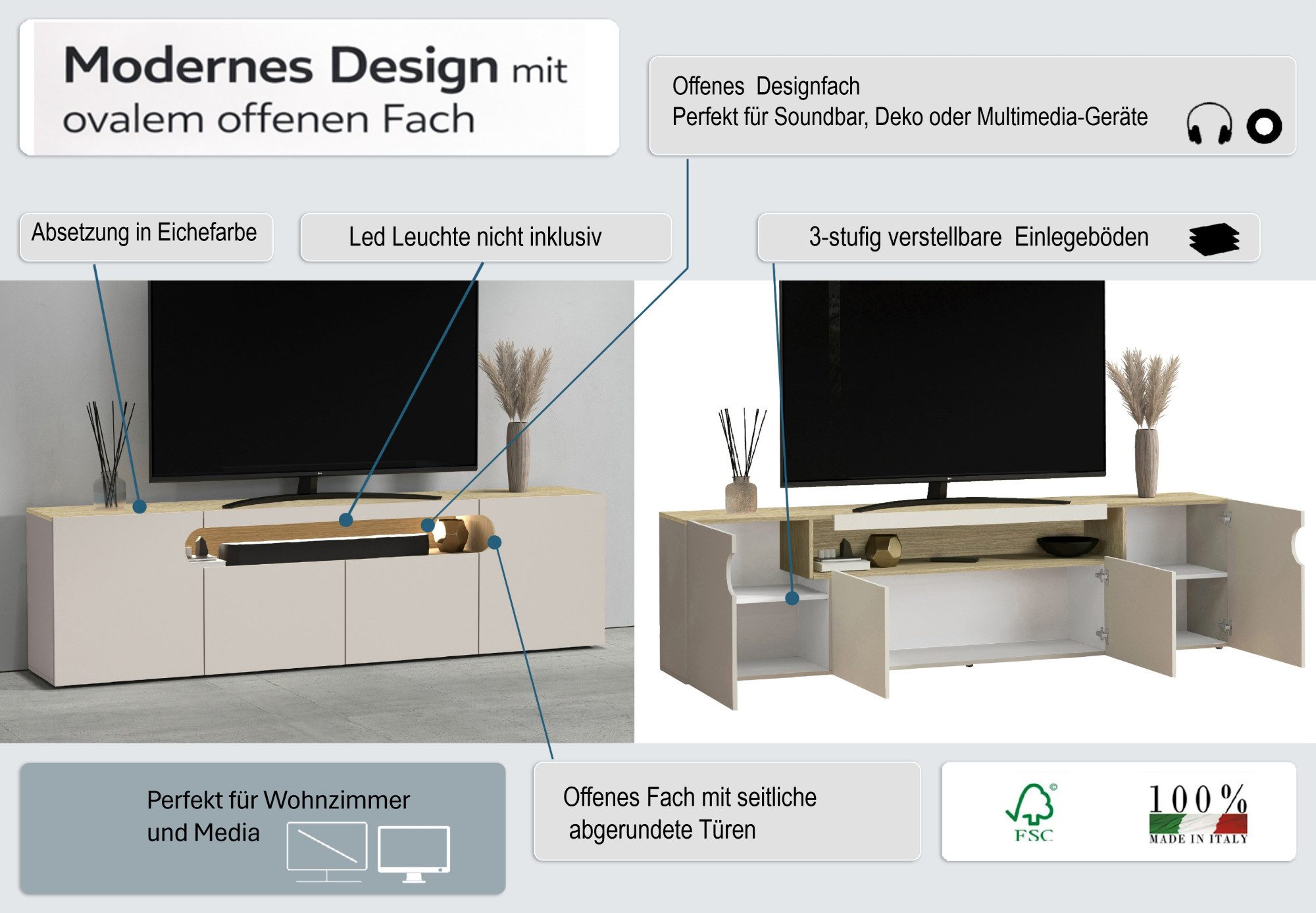 OTTO home Lowboard REAL,Lowboard,TV-Kommode,TV-Möbel,TV-Bank (1 St), Mit 4 Türen, davon 2 abgerundet, die ein ovales offenes Fach bilden