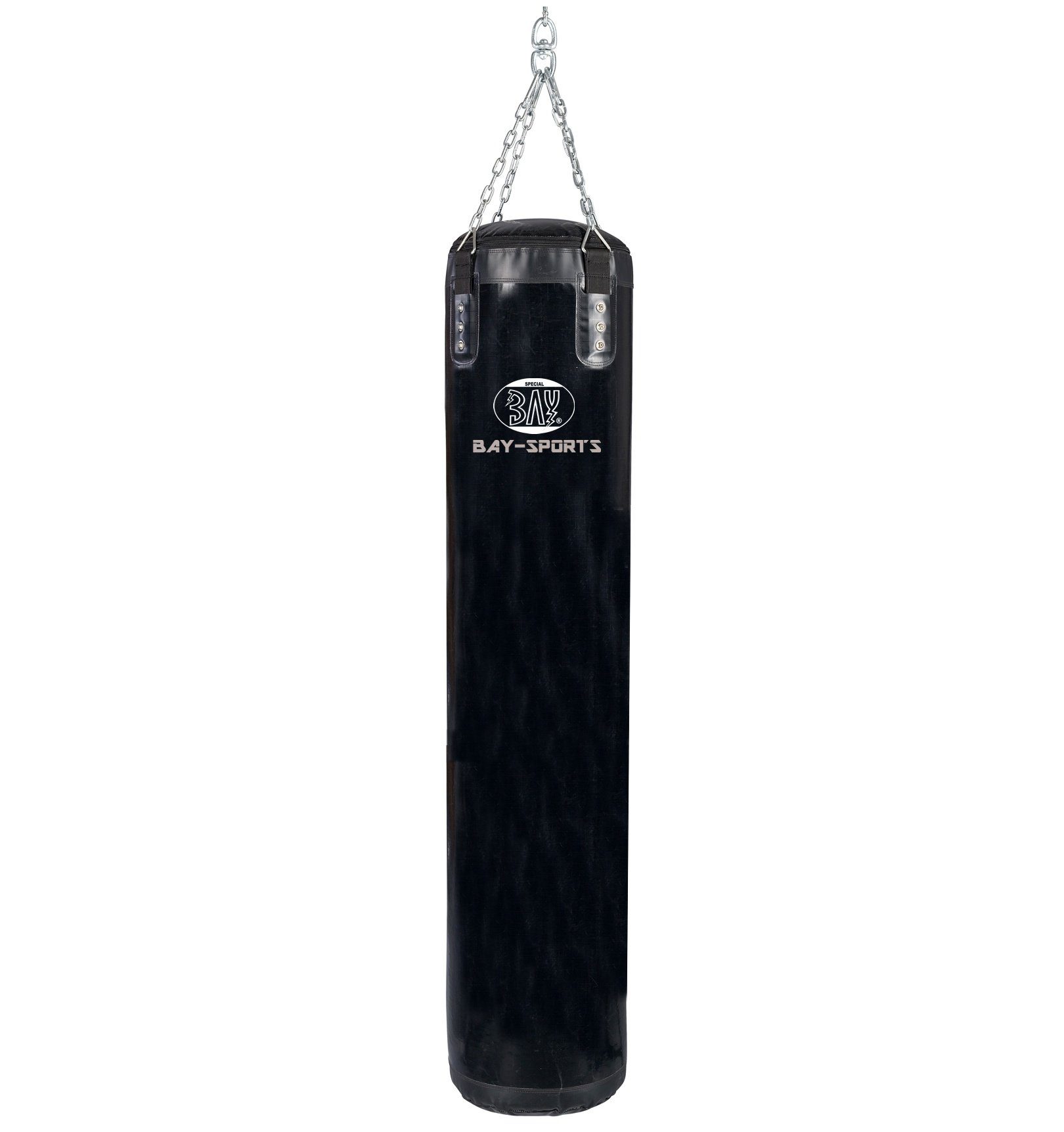 BAY-Sports Boxsack großer Profi Stahlkette Sandsack 180x35cm schwarz Kunstleder ungefüllt (4-strahlige verchromte Stahlkette, 180 x 35 cm), schweren Vinyl mit Nylon-Gitternetzverstärkung, bis 70 kg, 175 Liter