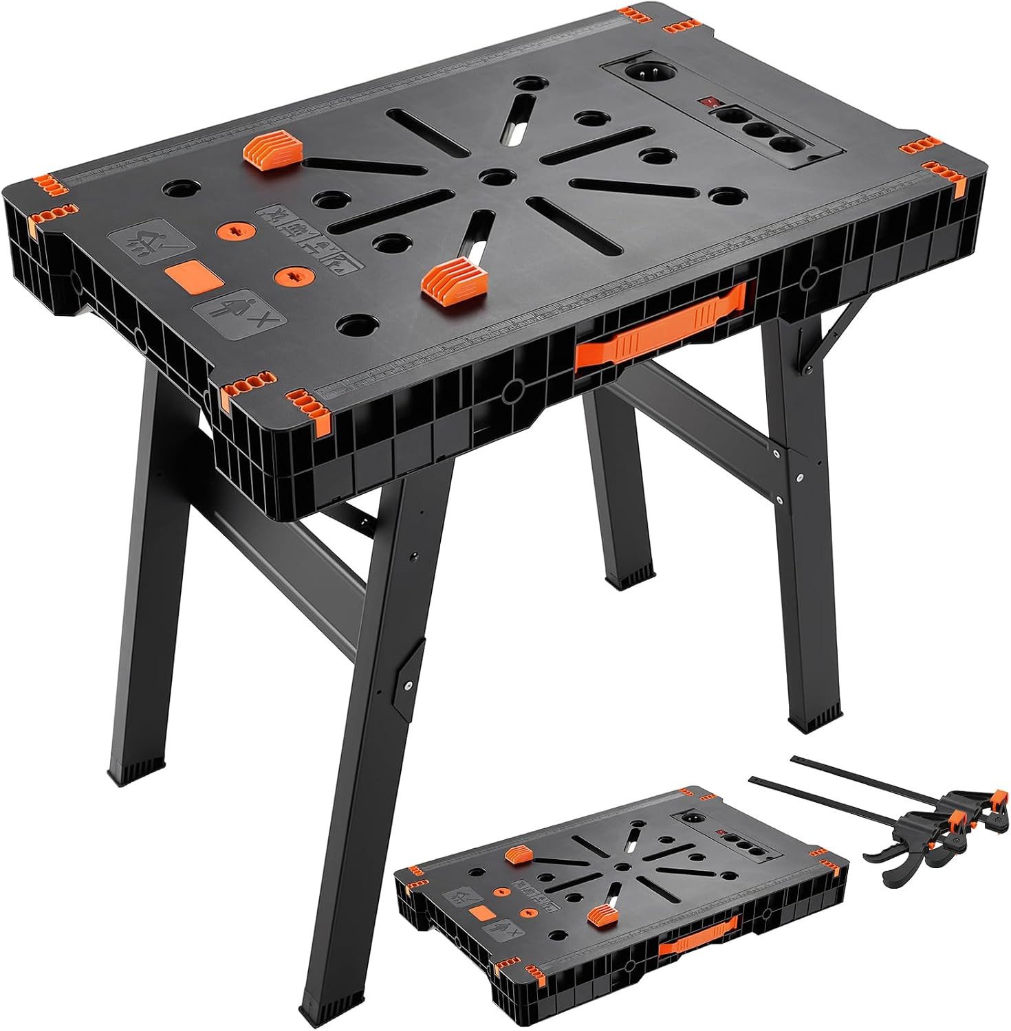 TLGREEN Werkbank mit integrierter EU-Steckdose, 86x55x79cm, (Tragbare Werktisch Sägebock mit 2 Einhandzwingen), Multifunktionaler Spanntisch für Werkstatt Garage Baustelle Heimwerker