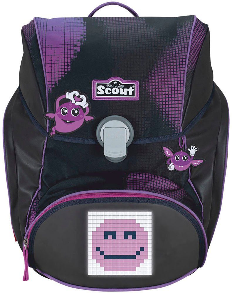 Scout Schulranzen Alpha Movie Star, mit LED-Display, Pink Pixel (Set, 4-tlg), mit Powerbank, enthält recyceltes Material