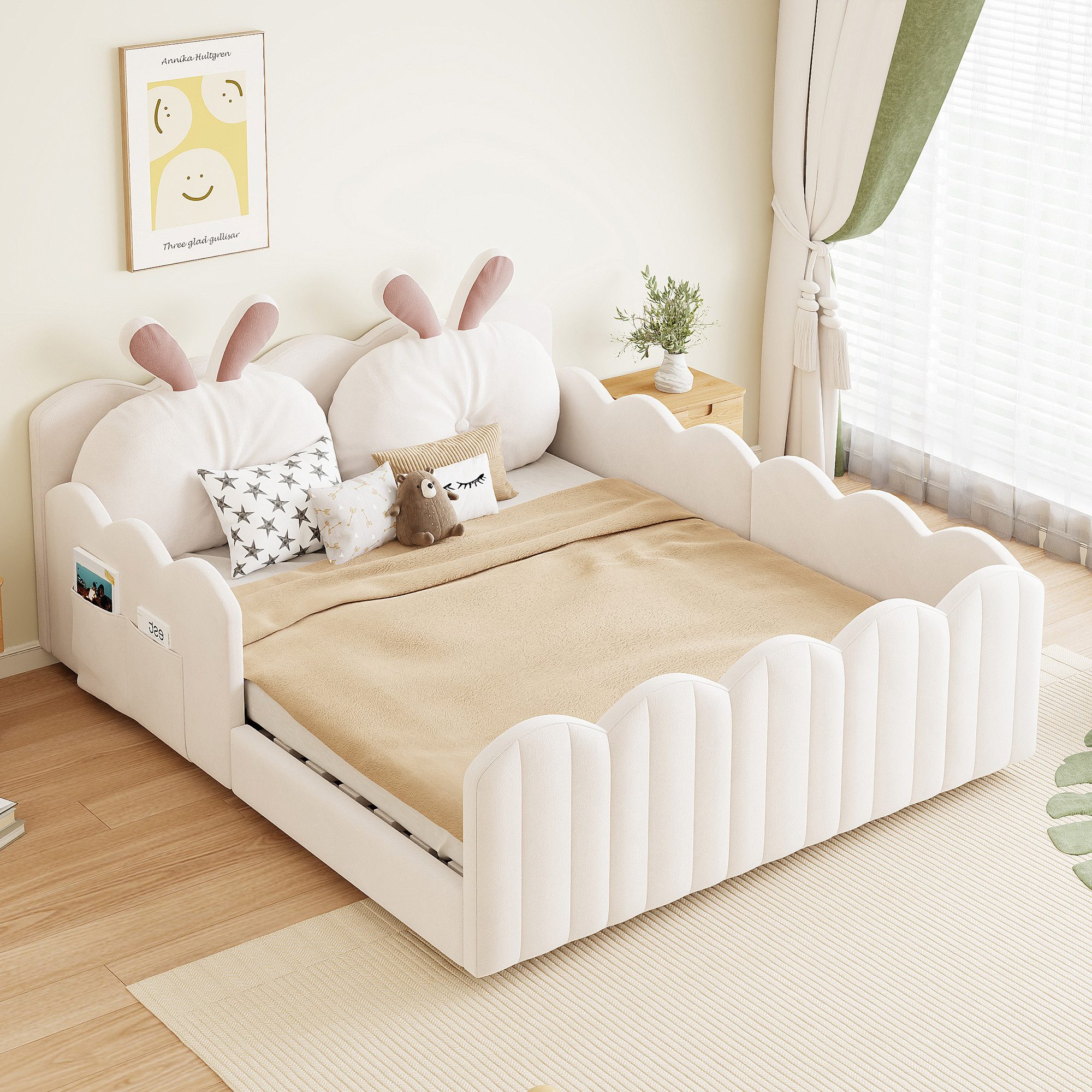 STILVORA Kinderbett 140x200 Kinderbett Jugendbett mit Kaninchenform-Kissen,Doppelbett Samt (Gepolstertes Plattformbett mit Kaninchenkissen und Sicherheitsgeländern., 140x200), mit Kissen in Kaninchenform