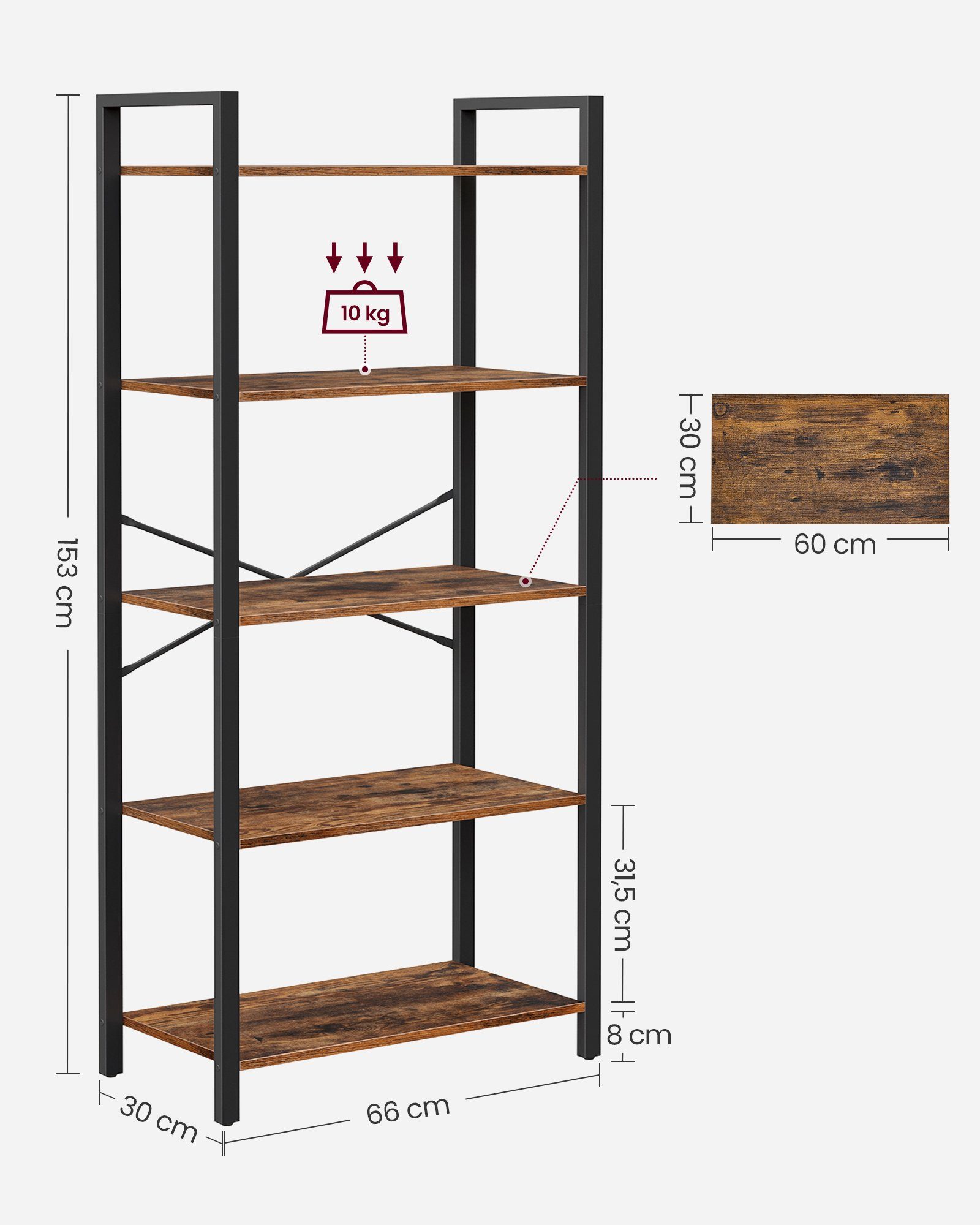 VASAGLE Bücherregal, Standregal, 120/153/186 cm, mit 4/5/6 Ebenen